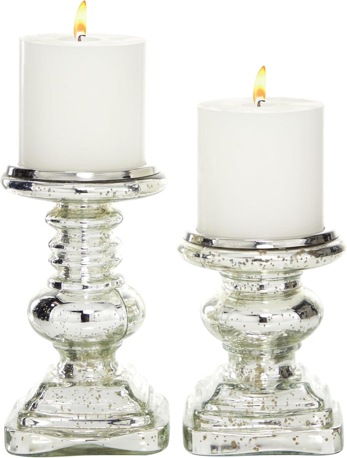 Elegant Silver Mercury Glass Pillar Candle Holder Set, 9" & 7"H