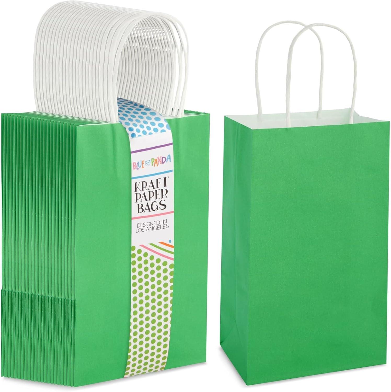 Blue Panda 25-Pack Green Gift Bags with Handles - Small Paper Treat Bags for Birthday, Wedding, Retail (5.3x3.2x9 In)