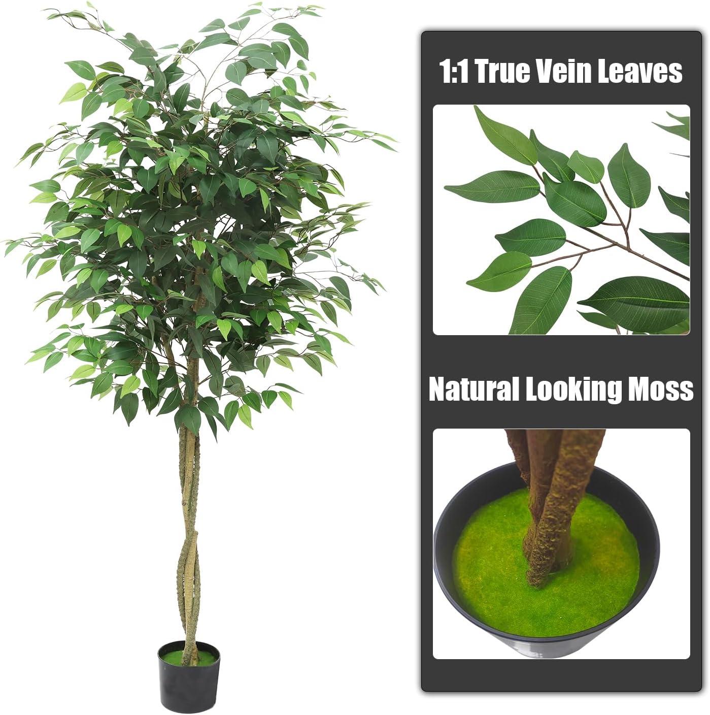 6FT Artificial Ficus Tree with Natural Wood Trunk and Lifelike Leaves, Silk Fake Potted Tree with Wood Branches, Faux Tree for Office Home Decor