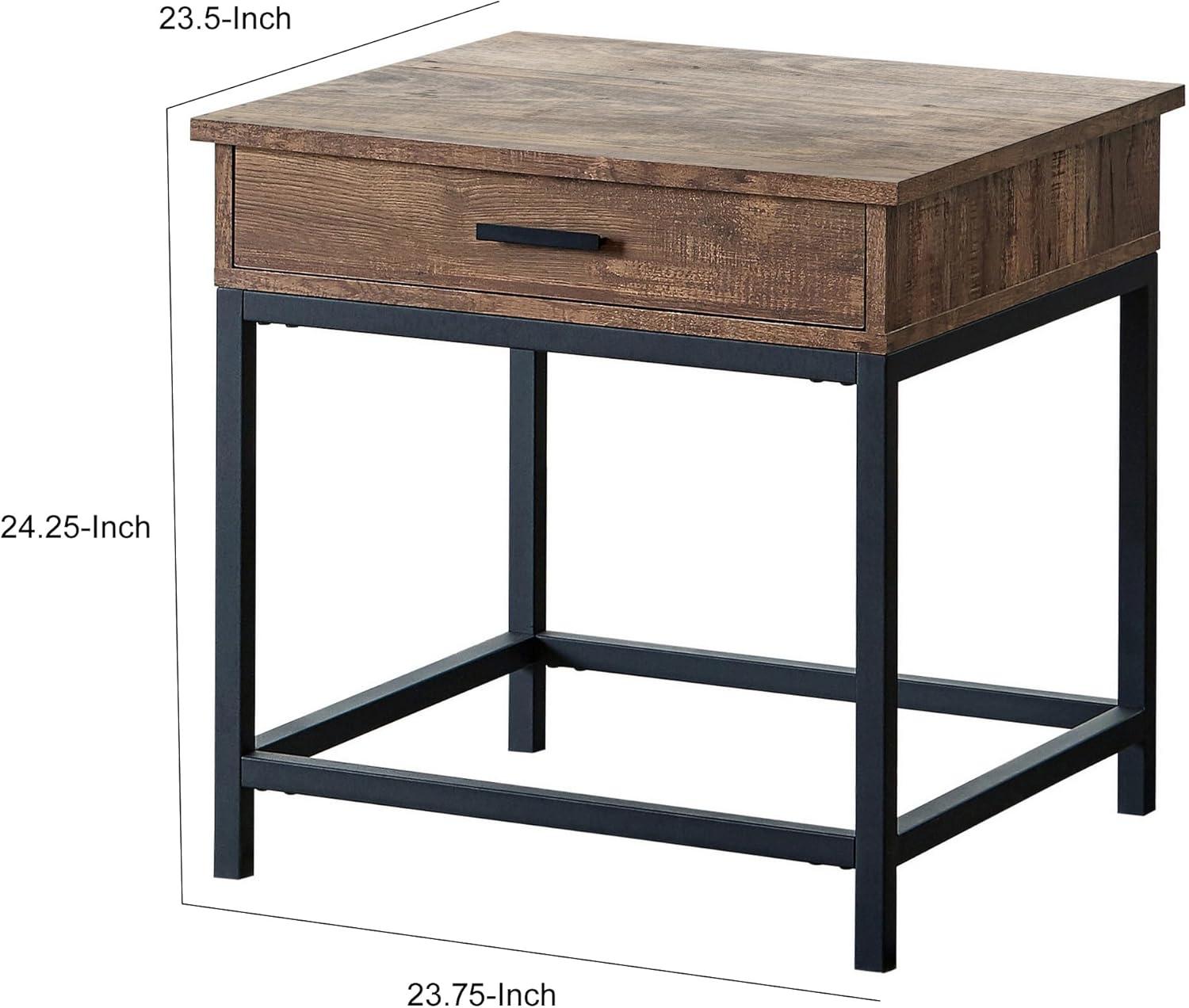 Rustic Brown and Black Wood Metal Side Table with Drawer