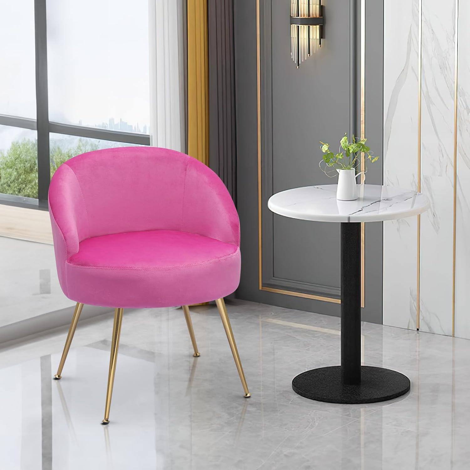 MoNiBloom Modern Upholstered Velvet Accent Chair, Single Sofa Side Chair for Living Bedroom Make-Up Room, Barrel Chair with Golden Metal Legs, Hot Pink