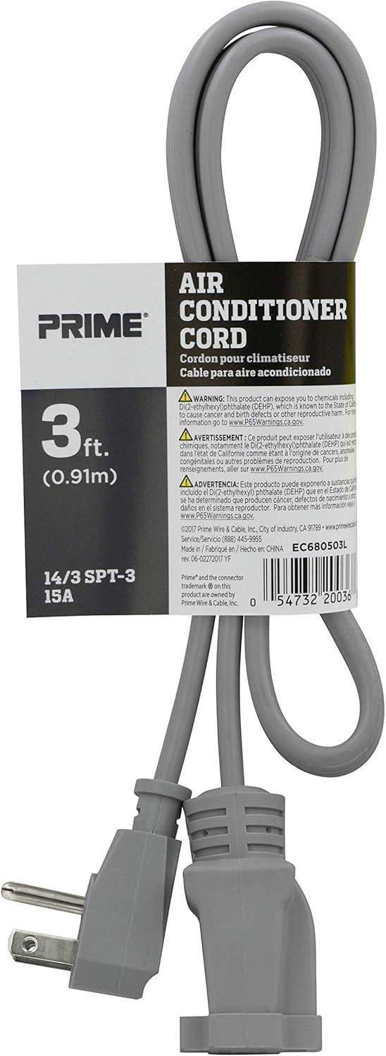 Prime Vinyl Air Conditioner Cord 3 Ft (Grey) - 1 Year Warranty