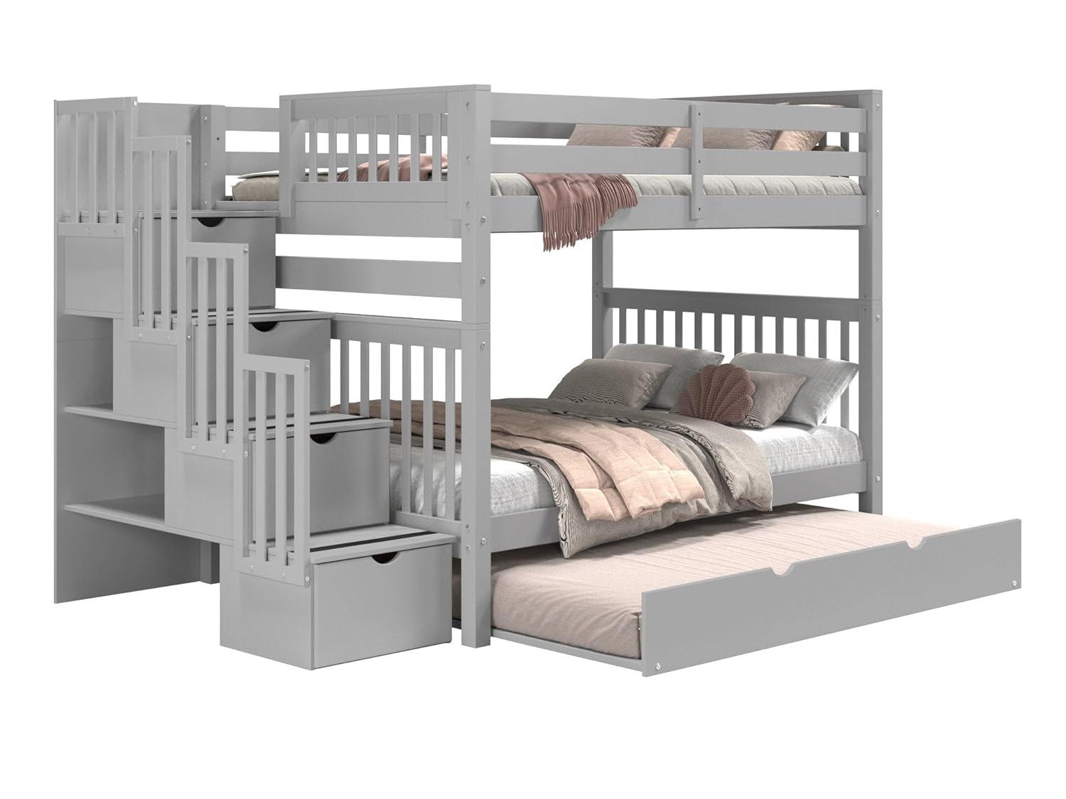 Bedz King Stairway Bunk Beds Full over Full with 4 Drawers in the Steps and a Full Trundle, Gray