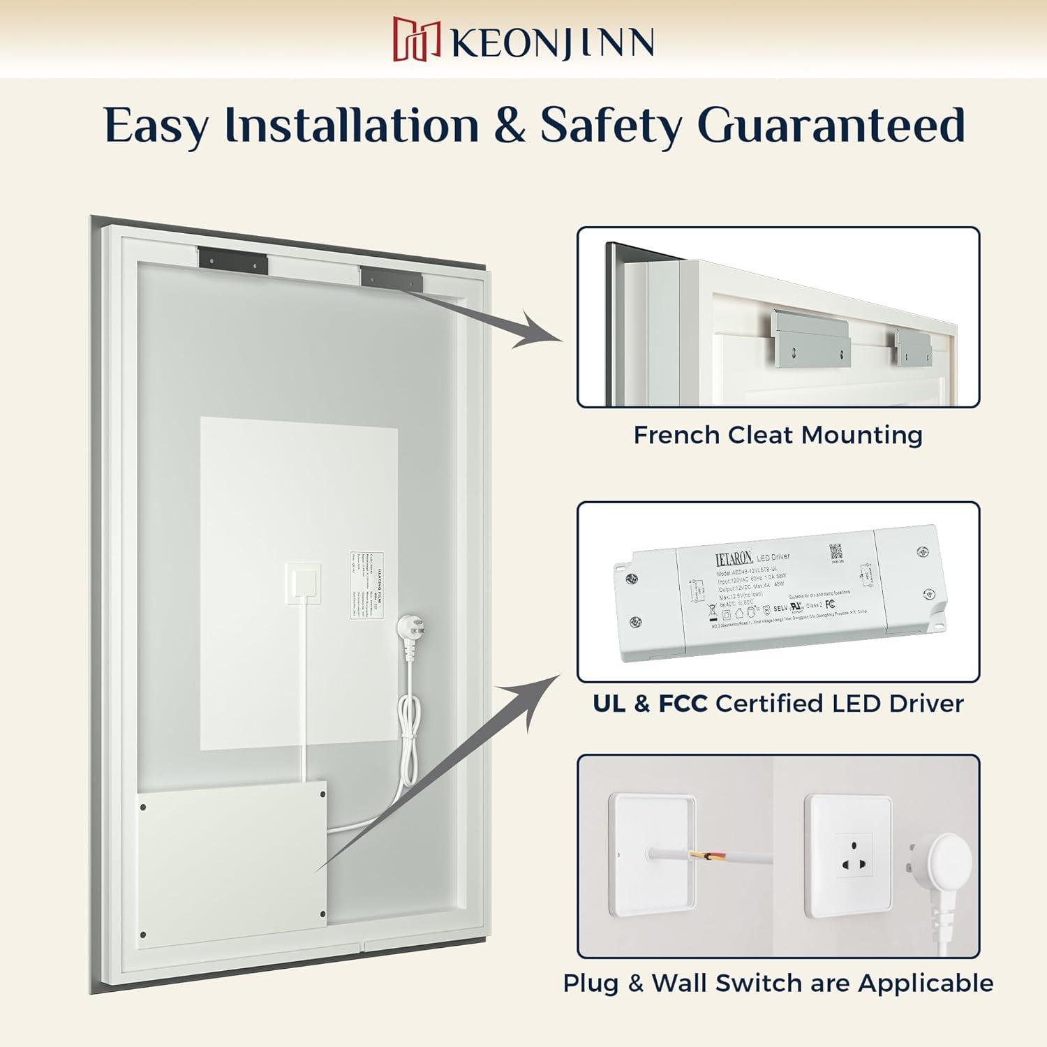 Keonjinn 40"x28" LED Backlit Mirror with Anti-Fog Dimmable Modern Rectangular Makeup Wall Mirror with Light, CRI90 Waterproof for Bathroom(Horizontal/Vertical)