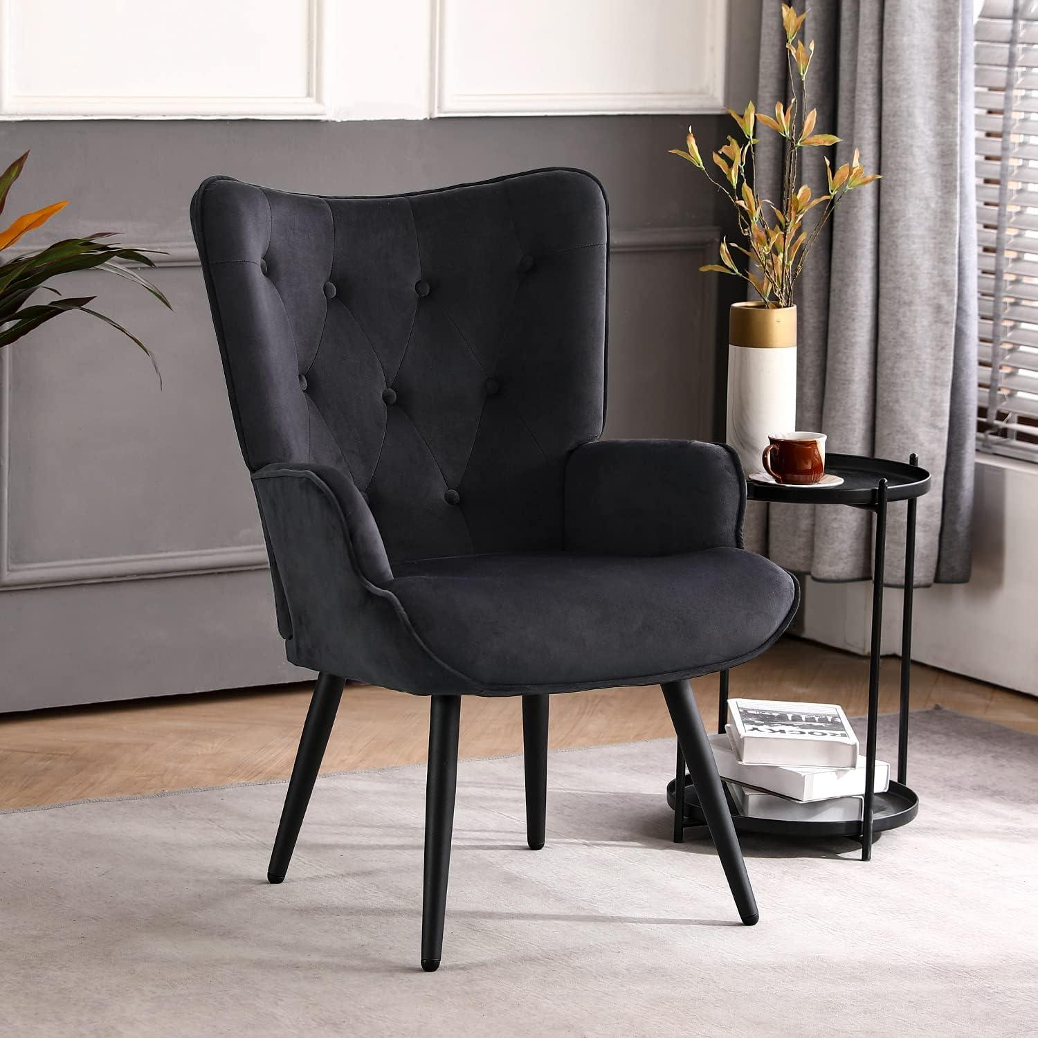 Furniliving Button-Tufted Accent Chair Velvet Wingback Chair Leisure Chair for Living Room, Black