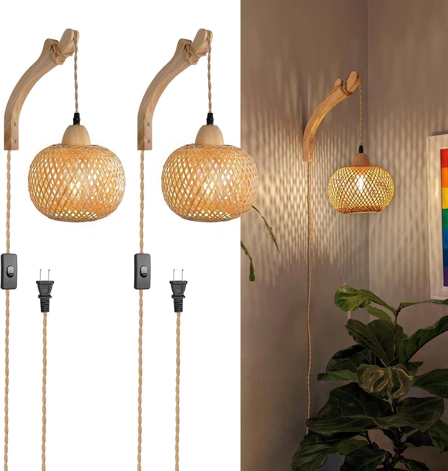 Bay Isle Home™ Cateno Bamboo Wall Sconces Set Of Two Plug In, Boho Wall Lamp With Plug In Cord, Farmhouse Wall Light Fixtures With 9.84FT On/Off Switch Cord, Rattan Sconces Wall Lighting For Bedroom Living Room (Set of 2)
