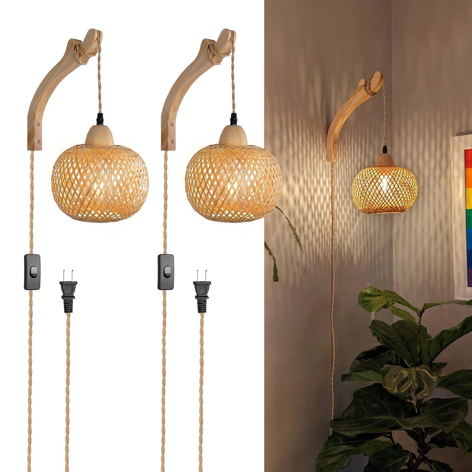 Bay Isle Home™ Cateno Bamboo Wall Sconces Set Of Two Plug In, Boho Wall Lamp With Plug In Cord, Farmhouse Wall Light Fixtures With 9.84FT On/Off Switch Cord, Rattan Sconces Wall Lighting For Bedroom Living Room (Set of 2)