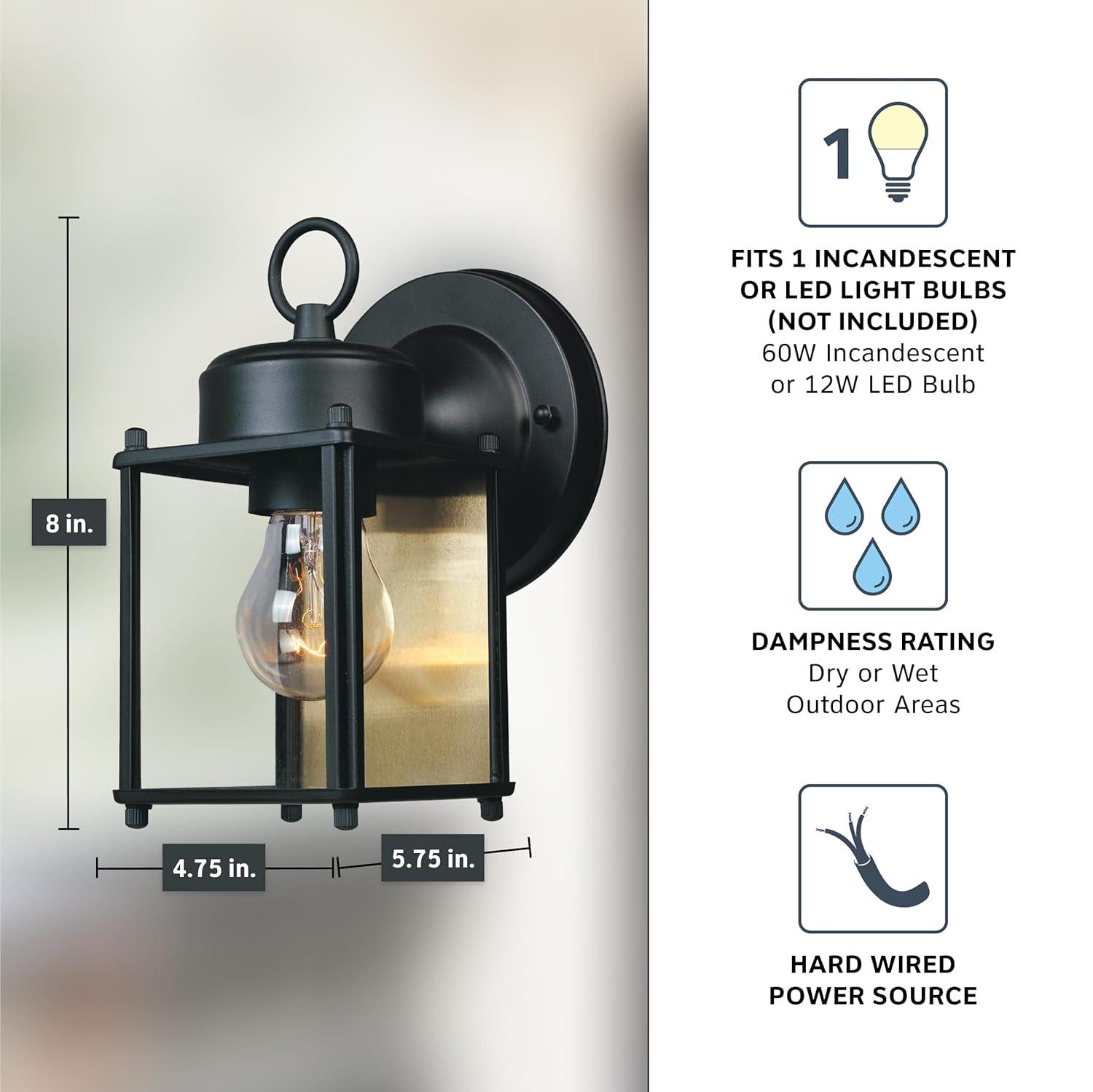 DESIGNERS FOUNTAIN Preston Outdoor Light Fixture, 8 Inch, Exterior Wall Mount Lantern Sconce, Clear Glass Porch Lights for Front Door, Patio, and House Garage, Black, 1161-BK