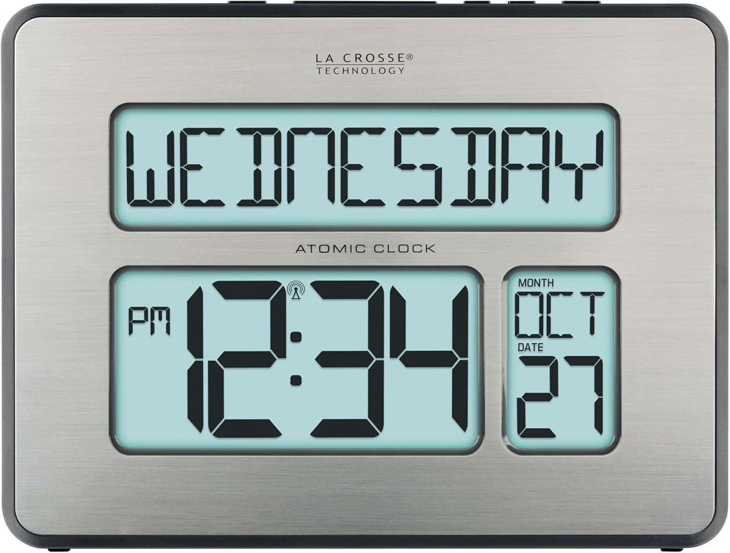 Silver Metallic Digital Atomic Wall Clock with Calendar