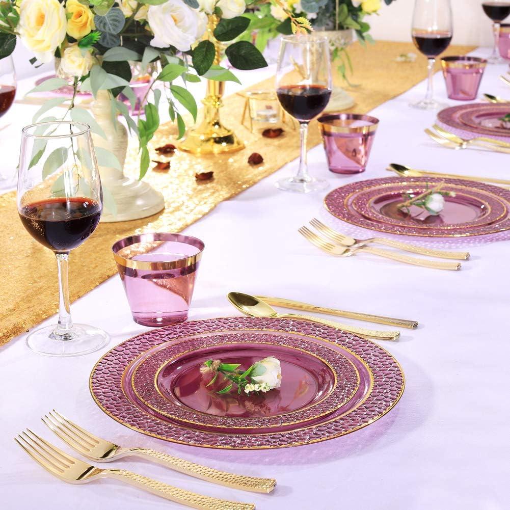 Elegant Purple and Gold Disposable Plastic Dinnerware Set