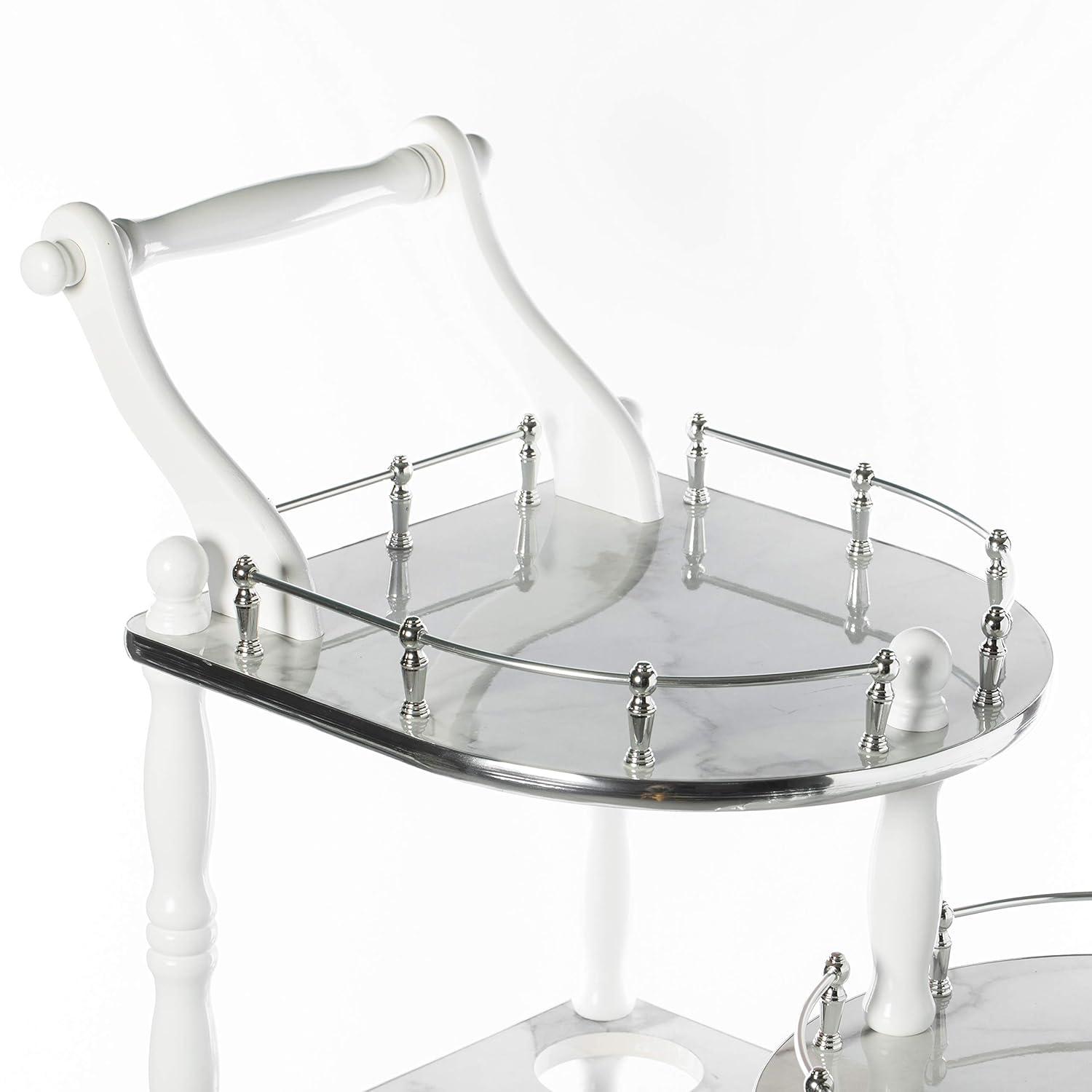 Fabulaxe Wood Serving Bar Cart Tea Trolley with 3 Tier Shelves and Rolling Wheels, Silver, White and Gray