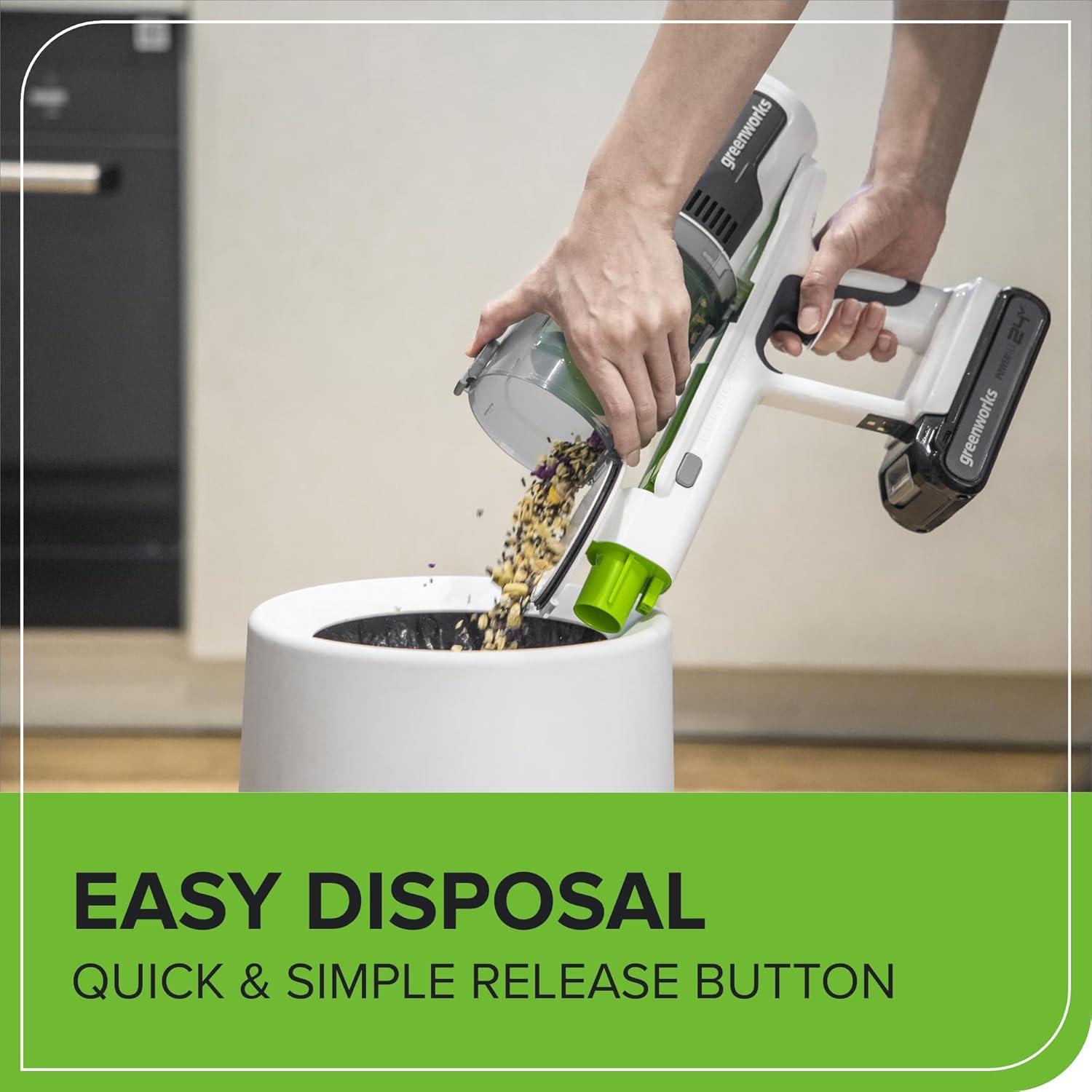 Greenworks 24V Brushless Cordless Stick Vacuum, Lightweight, Handheld, Pet, Anti-Allergen HEPA Filtration, Hard Floor, Carpet, Car, 4Ah Battery, and 30-Minute Charge Time (White)