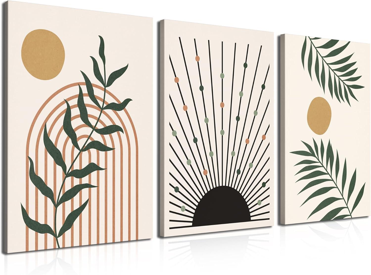 Framed Boho Wall Art, Abstract Sage Green Wall Decor Palm Leaf Sun Moon Line Green Canvas Painting, Minimalist Geometric Boho Room Decor, Sage Green Wall Posters & Prints for Living Room,