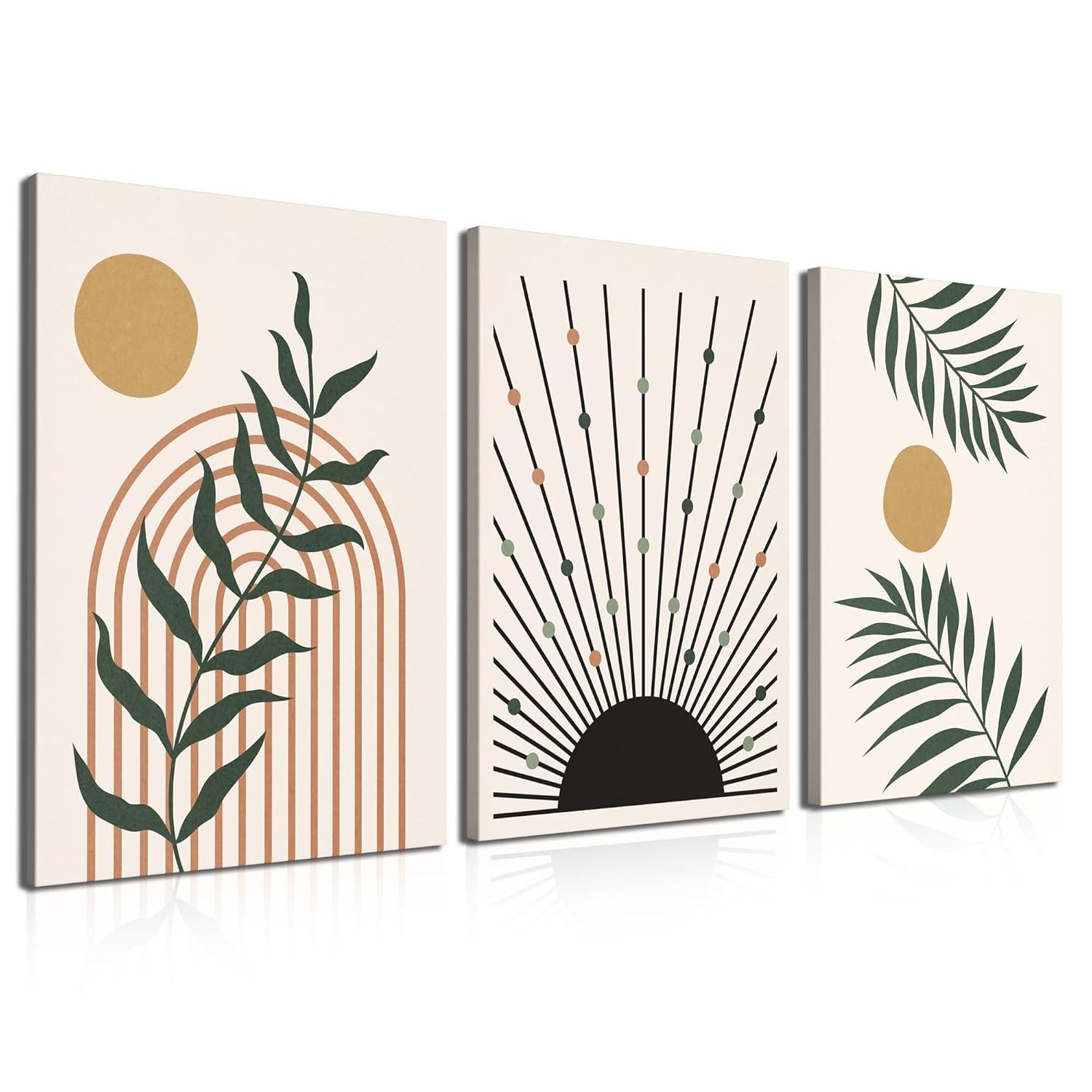 Framed Boho Wall Art, Abstract Sage Green Wall Decor Palm Leaf Sun Moon Line Green Canvas Painting, Minimalist Geometric Boho Room Decor, Sage Green Wall Posters & Prints for Living Room,