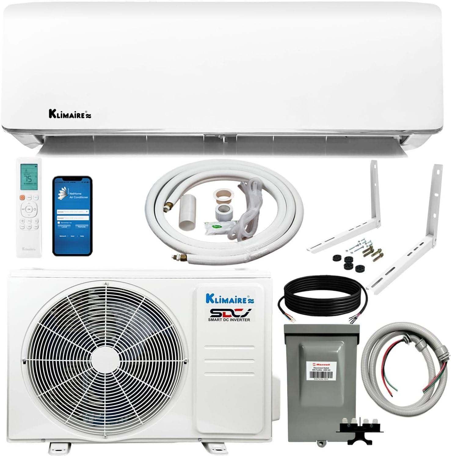 Klimaire 36,000 BTU 17.5 SEER2 Wi-Fi-Enabled Ductless Mini-Split Heat Pump Air Conditioner with Installation Kit, Up to 2,400 Sq. Ft