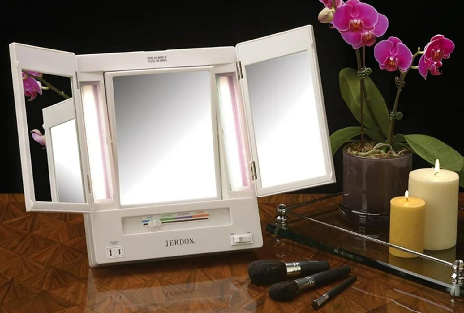 Symple Stuff Washington Mews TriFold Lighted Tabletop Makeup Mirror, Plug In