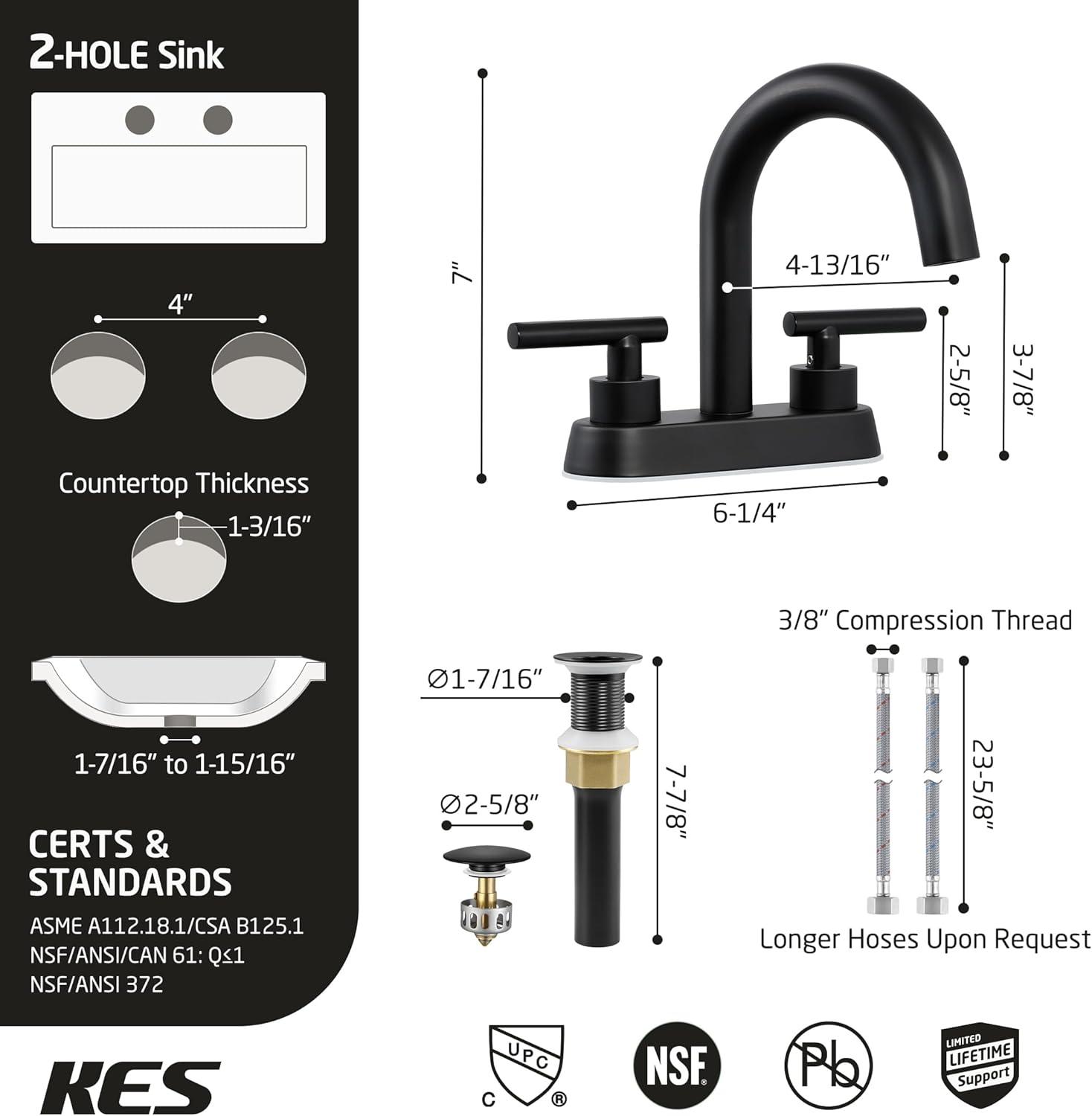 KES 4 Inch Centerset Faucet 2-Handle Bathroom Faucet with Drain Assembly Matte Black