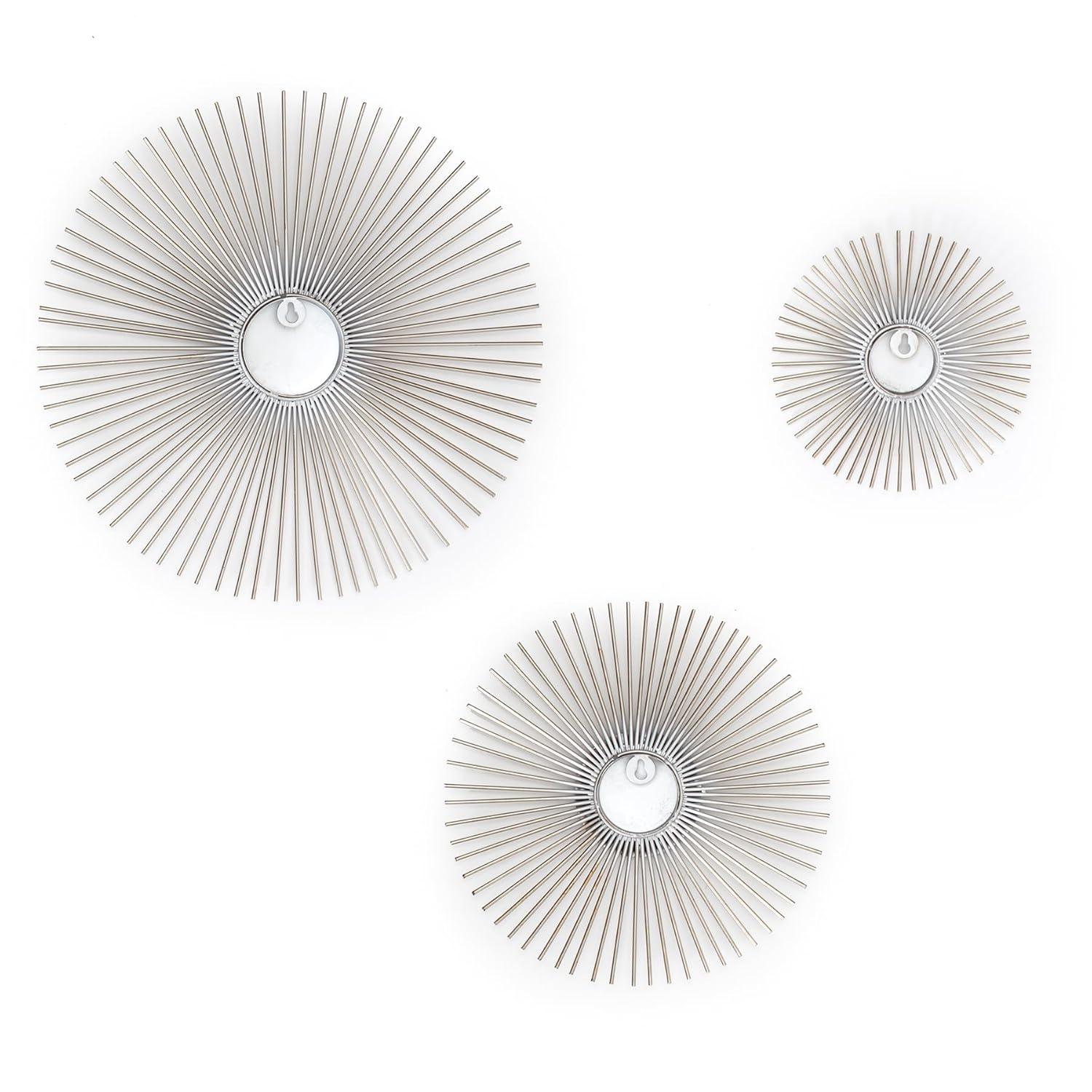 Brewster (Set of 3) Sola Silver Starburst Metal Wall Arts: Iron Sunburst Medallions, Modern Decor