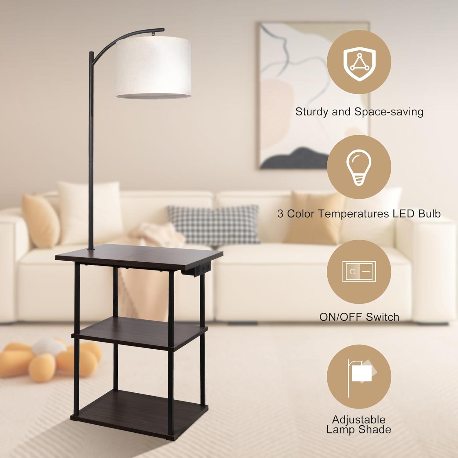PESRAE Floor Lamp with Table, End Tables with Charging Station(USB & Type-C & AC Port), 3 Color Temperatures 9W LED Bulb, Modern Shelves Side Table for Bedroom, Living Room