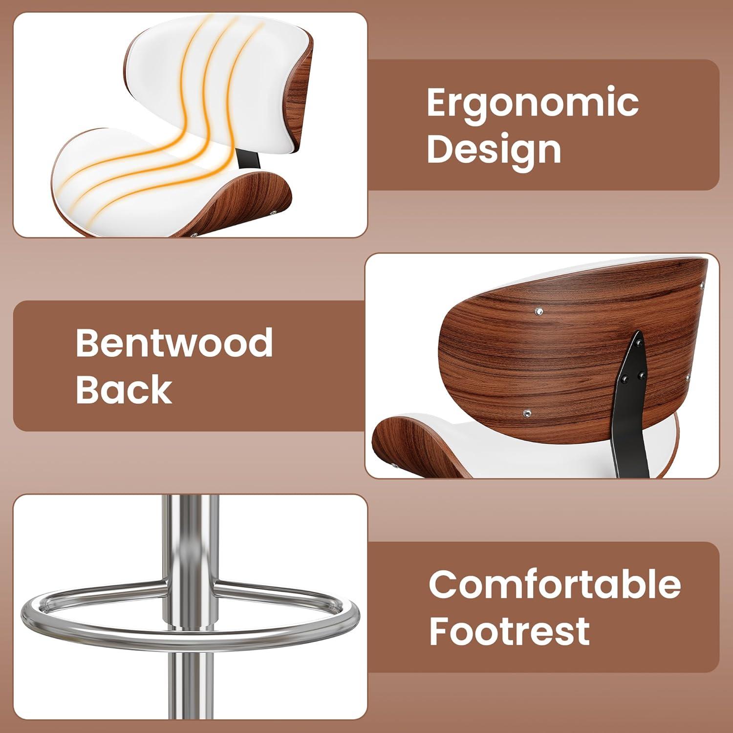 Fijinhom Bar Stools Set of 2, Adjustable Swivel Barstools with Bentwood Back & Leather Seat for Kitchen, Bar, Dining Room