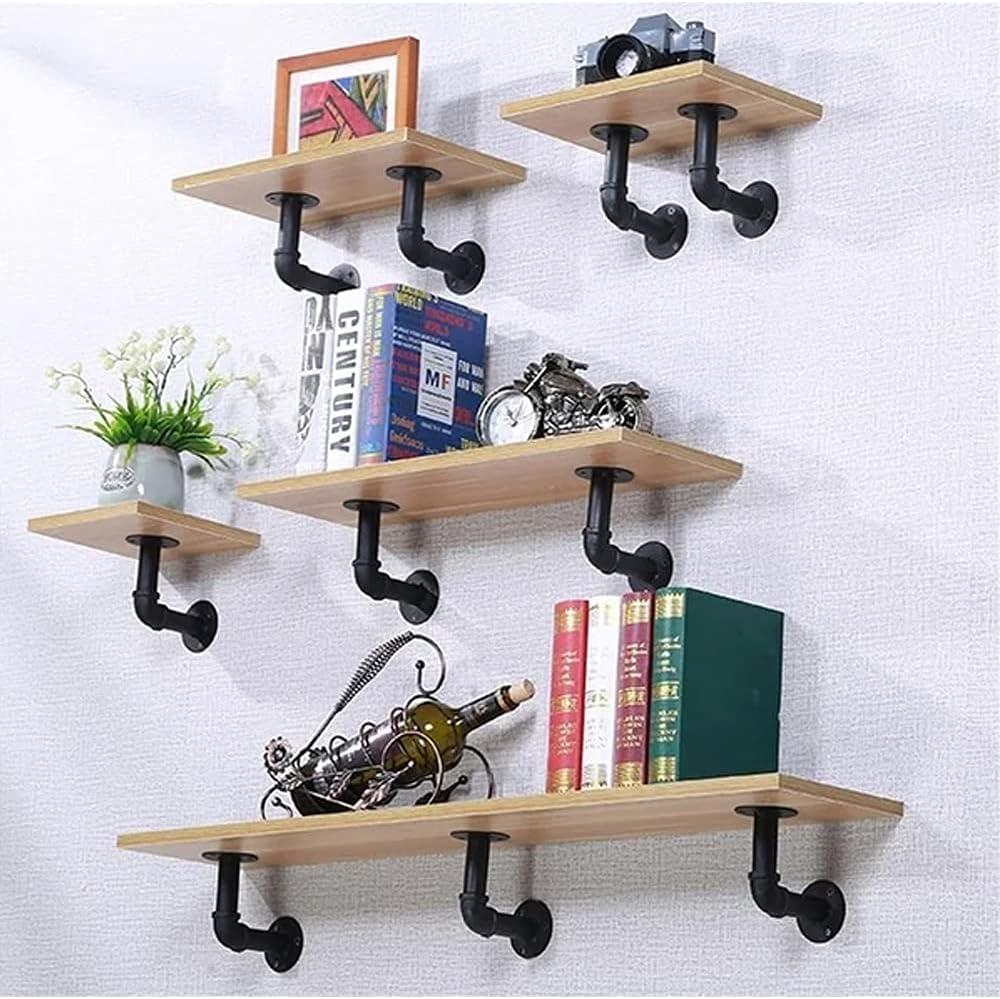 Industrial Pipe Shelf Brackets for 8 10 12 14 inches Board, Iron L Pipe Floating Shelves, Heavy Duty Metal Shelving Brackets - 6 Pack Black