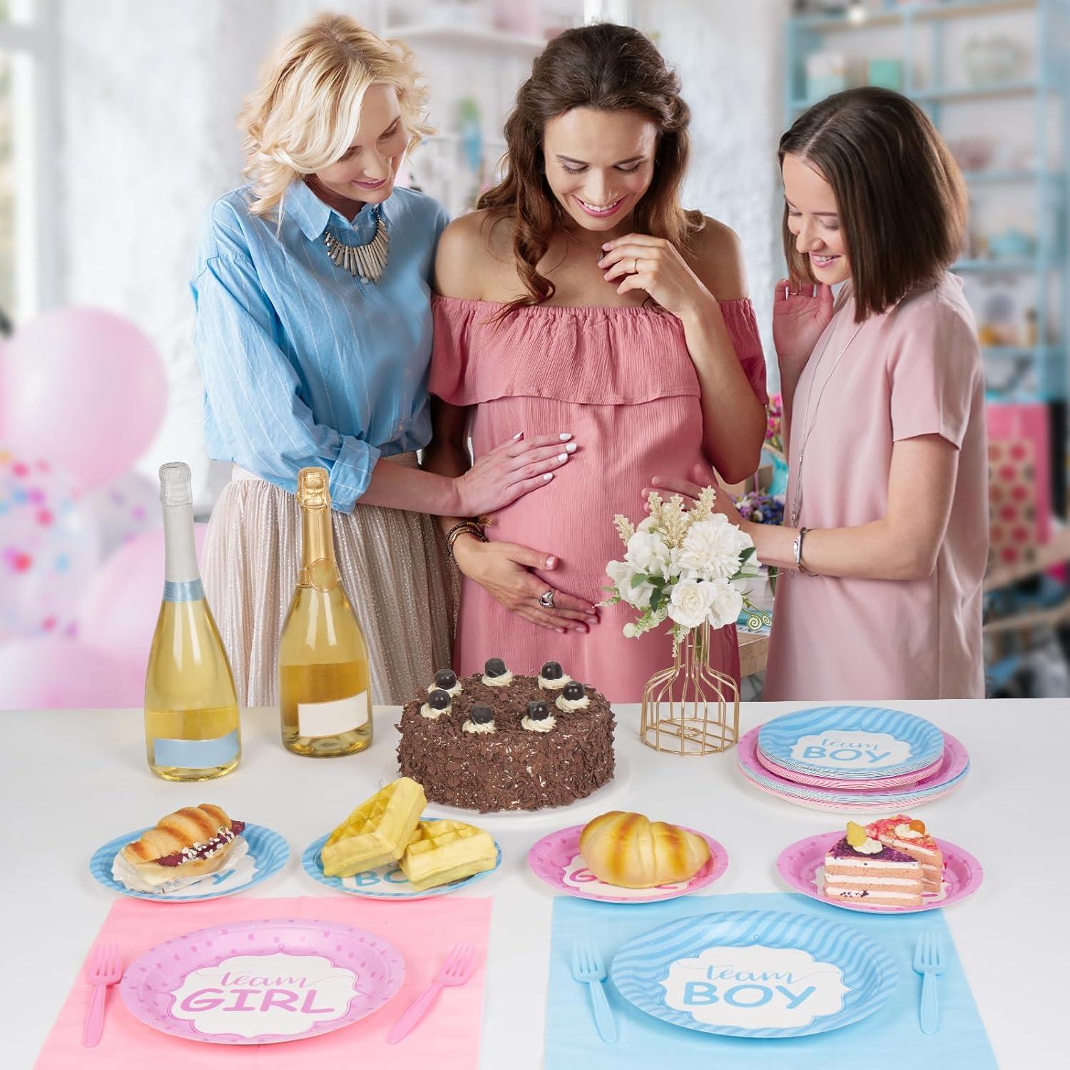 DECORLIFE Gender Reveal AJH3 Plates Serves 24, Boy or Girl Gender Reveal Party Supplies Includes Napkins and Forks for Baby Shower Reveal Party Decorations, Total 96PCS