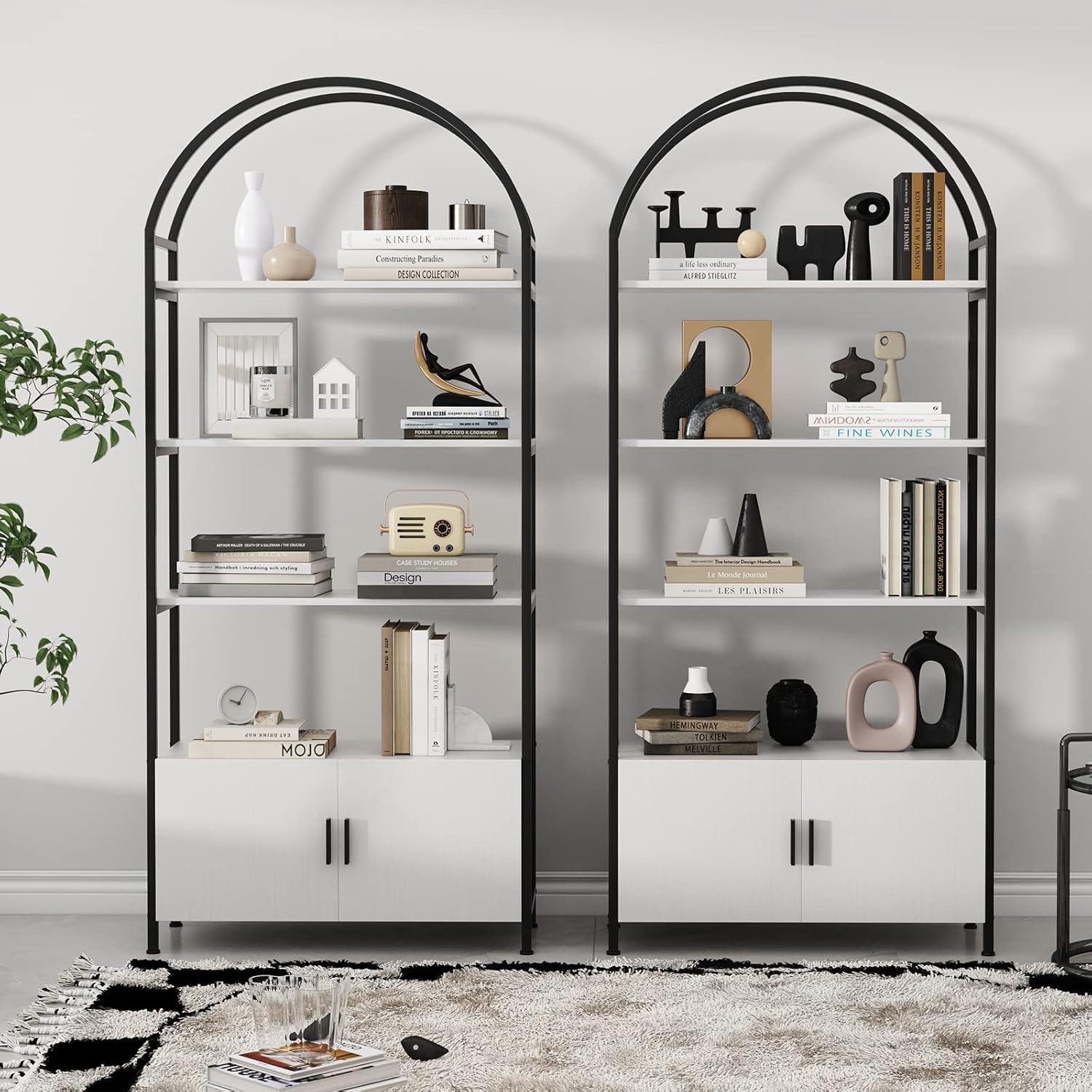 71-Inch Black and White Arched Bookshelf with Doors