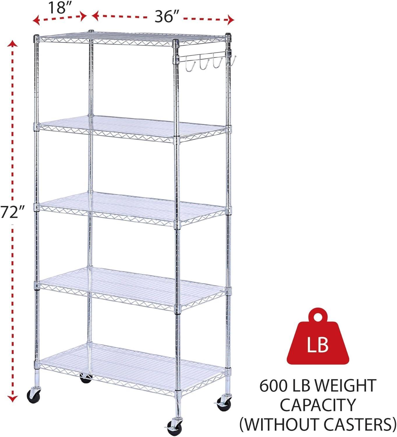 Silver Steel 5-Shelf Wire Shelving Unit with Casters and Liners, 36x18x72