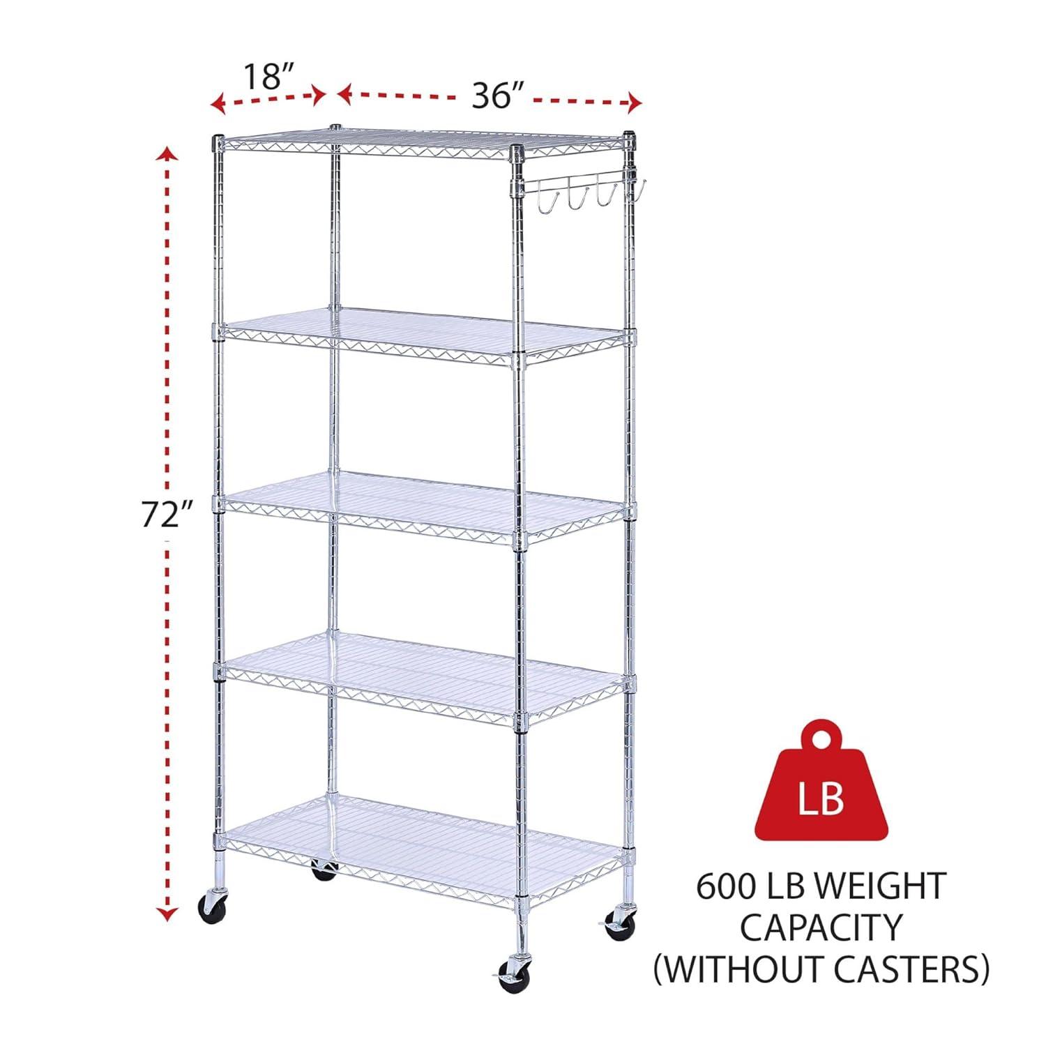 Alera 5-Shelf Wire Shelving Kit with Casters and Shelf Liners, 36w x 18d x 72h, Silver