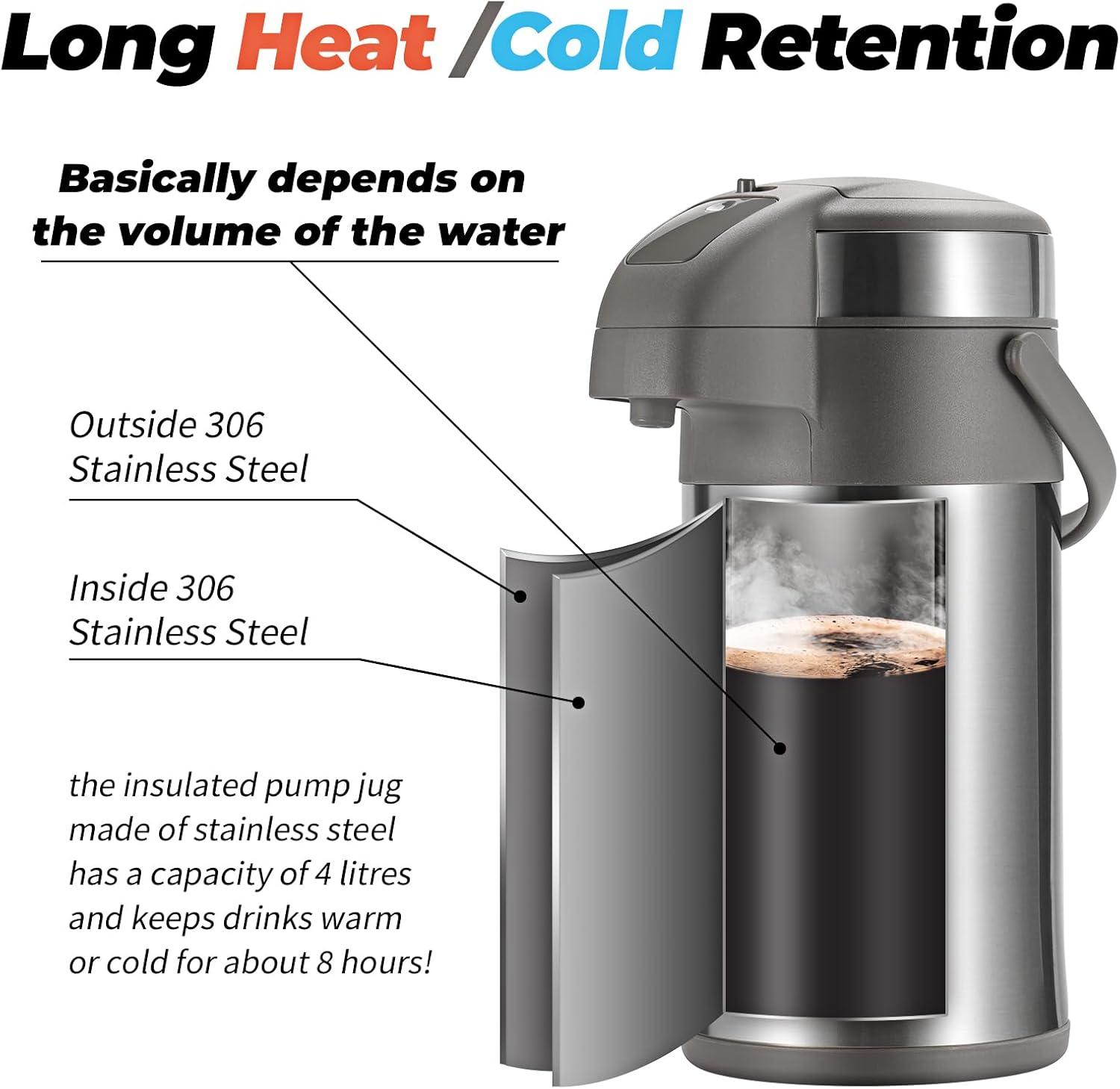 Stack man 4L/133OZ Thermal Coffee Carafe With Pump, Thermal Beverage Dispenser, Coffee Airpot Stainless Steel Coffee Carafe For Hot Drinks Silver