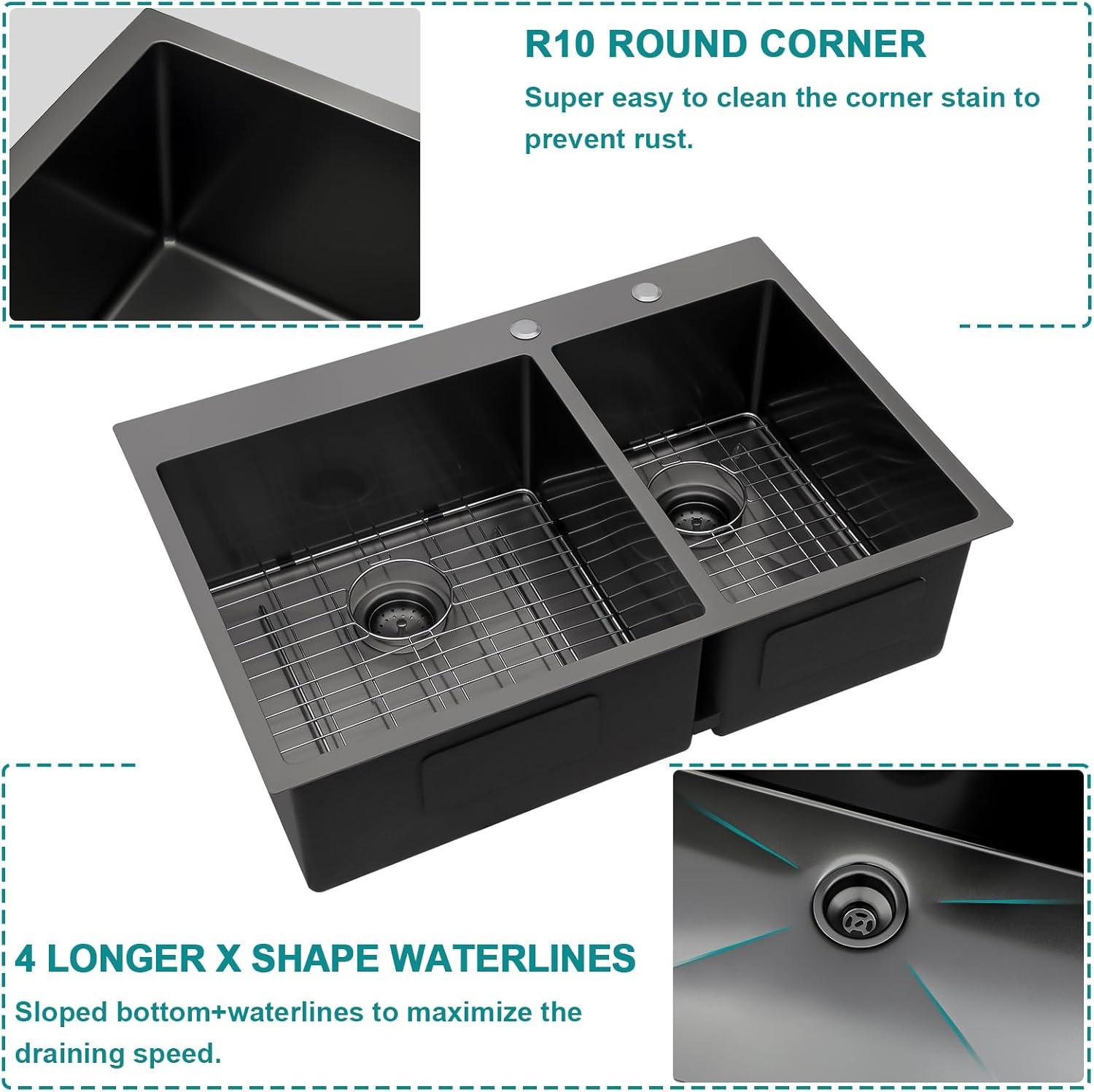 Lordear  16 Gauge Top Mount Gunmetal Black Double Bowl Stainless Steel Kitchen Sink - 33x22x960/40