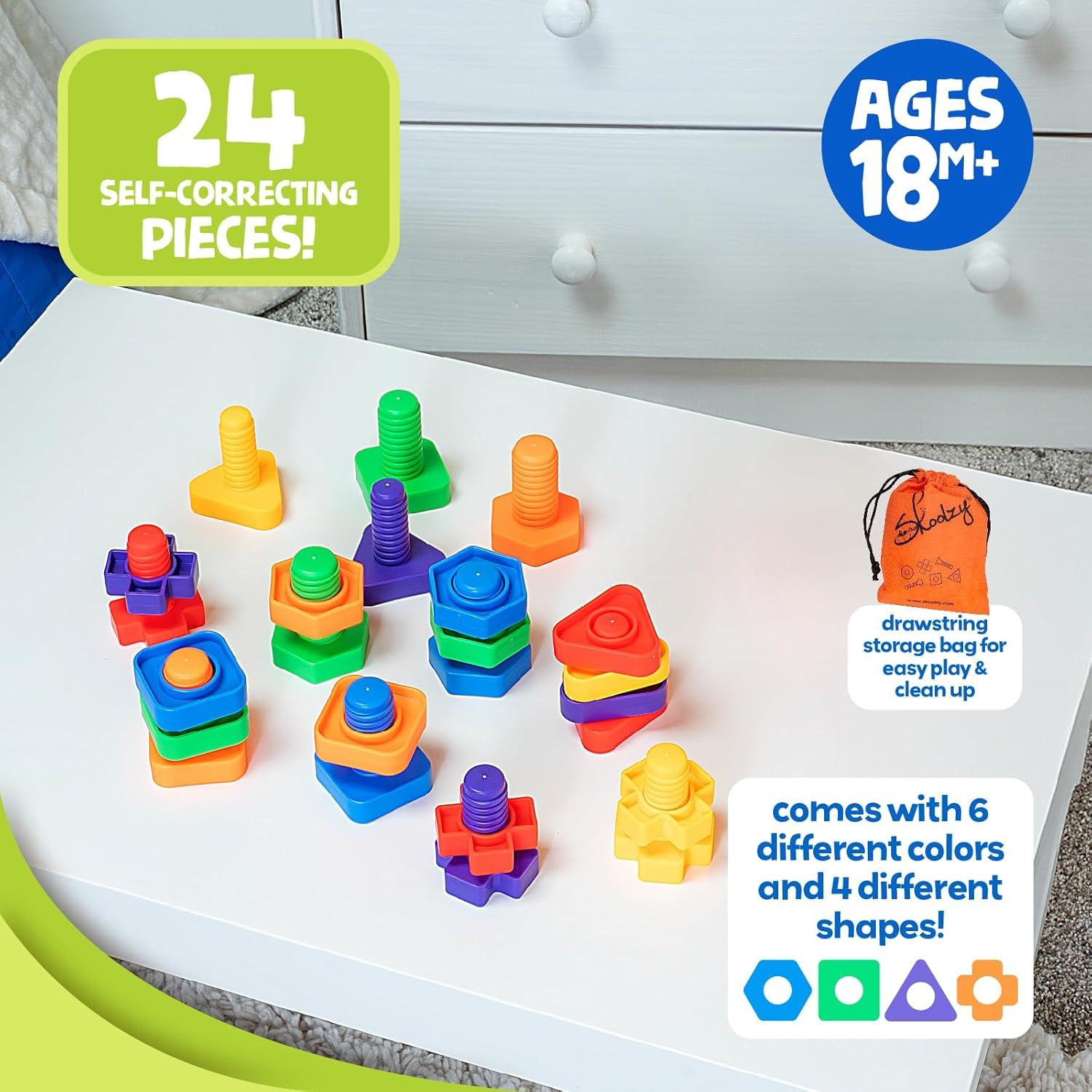 Skoolzy Nuts and Bolts 24 Piece Toy_Building_Block Set Sensory Occupational Therapy STEM for Baby Toddler Toys & Kids, Includes eBook