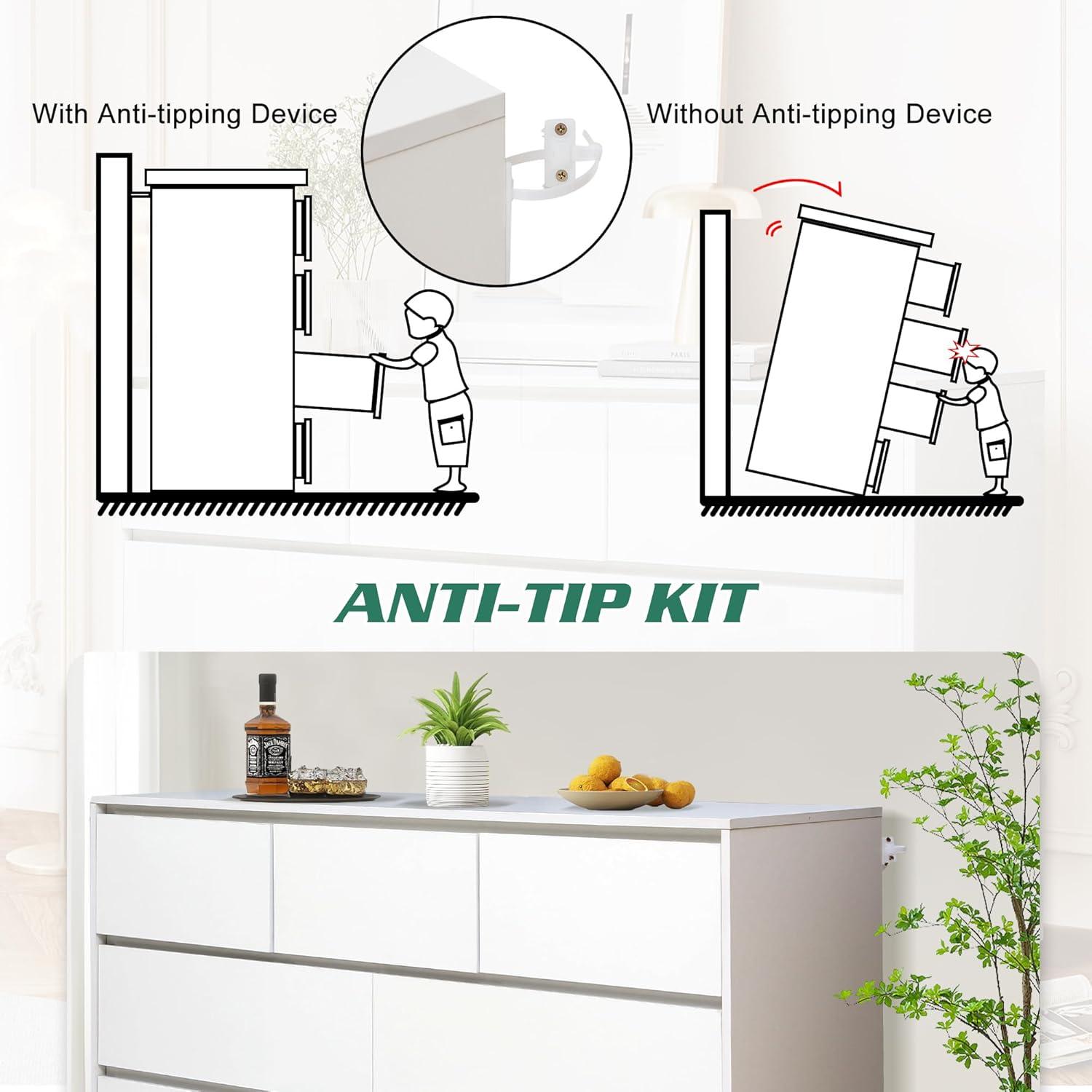 Ebern Designs White Dresser for Bedroom with 7 Drawers, Modern High Gloss Large Dresser with 7 Handle Free Drawers, 55 Inch Wooden Long Dresser, Storage Chest of Drawers