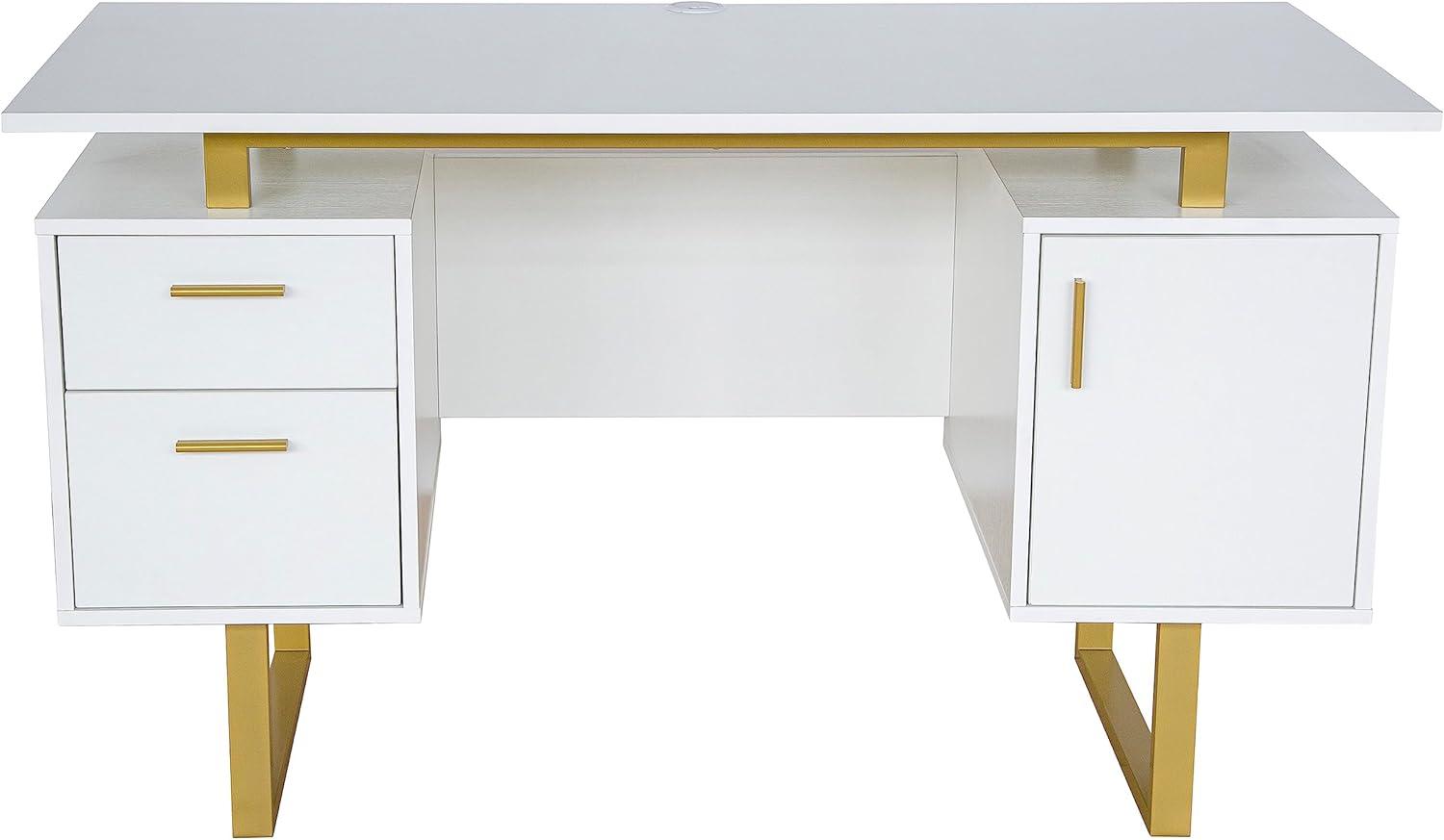 Techni Mobili Modern Adult Office Desk with Drawers and Storage, 51.25”W, White/Gold RTA-7002-GLD