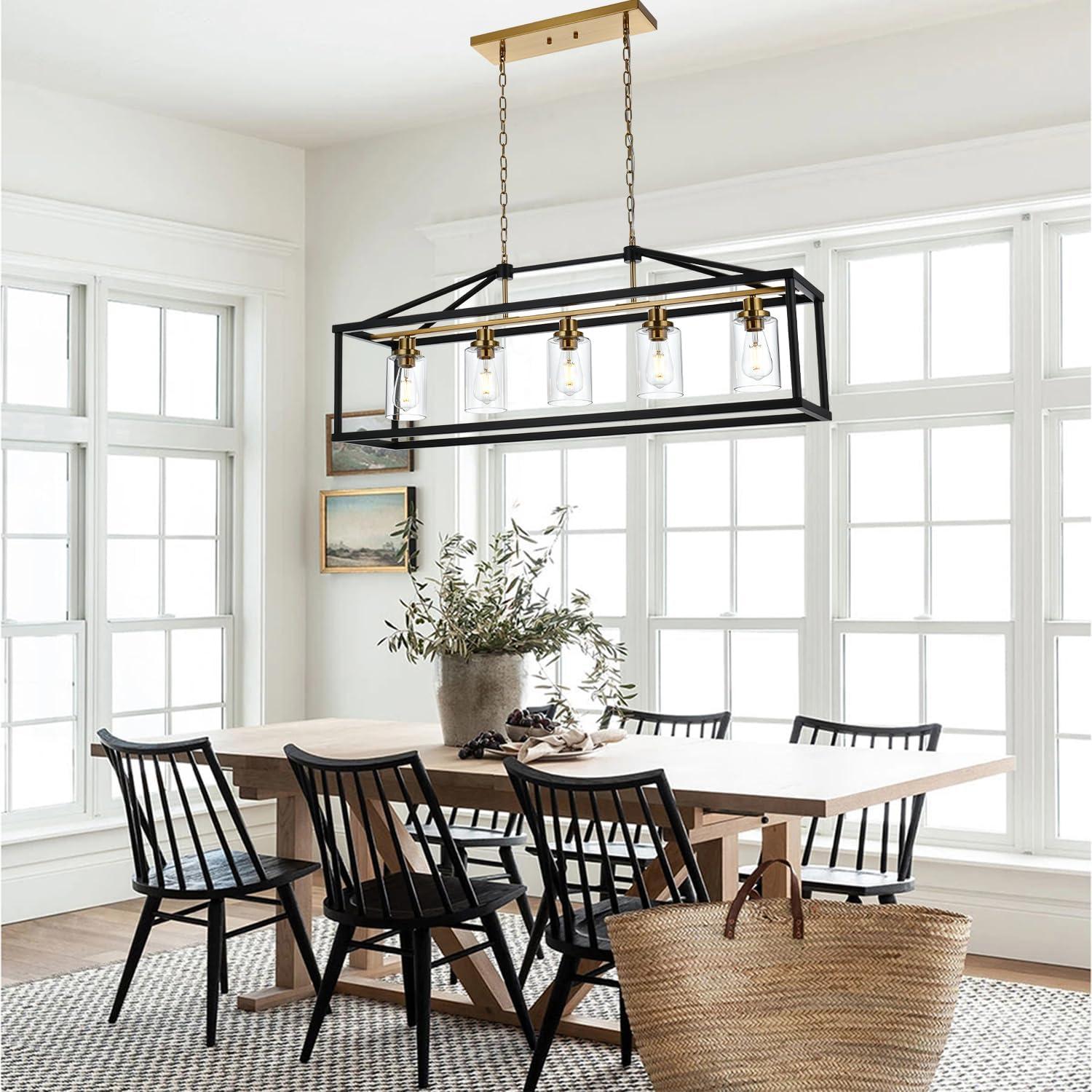 Modern Black and Brass 5-Light Island Chandelier with Glass Shades