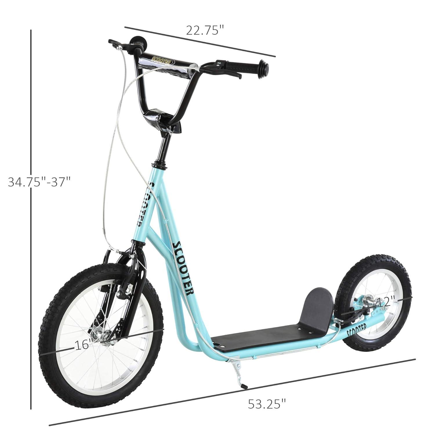 Aosom Youth Scooter, Teens Kick Scooter, Adjustable Handlebar Ride On Toy for 5+ with 16" Front and 12" Rear Dual Brakes Inflatable Wheels