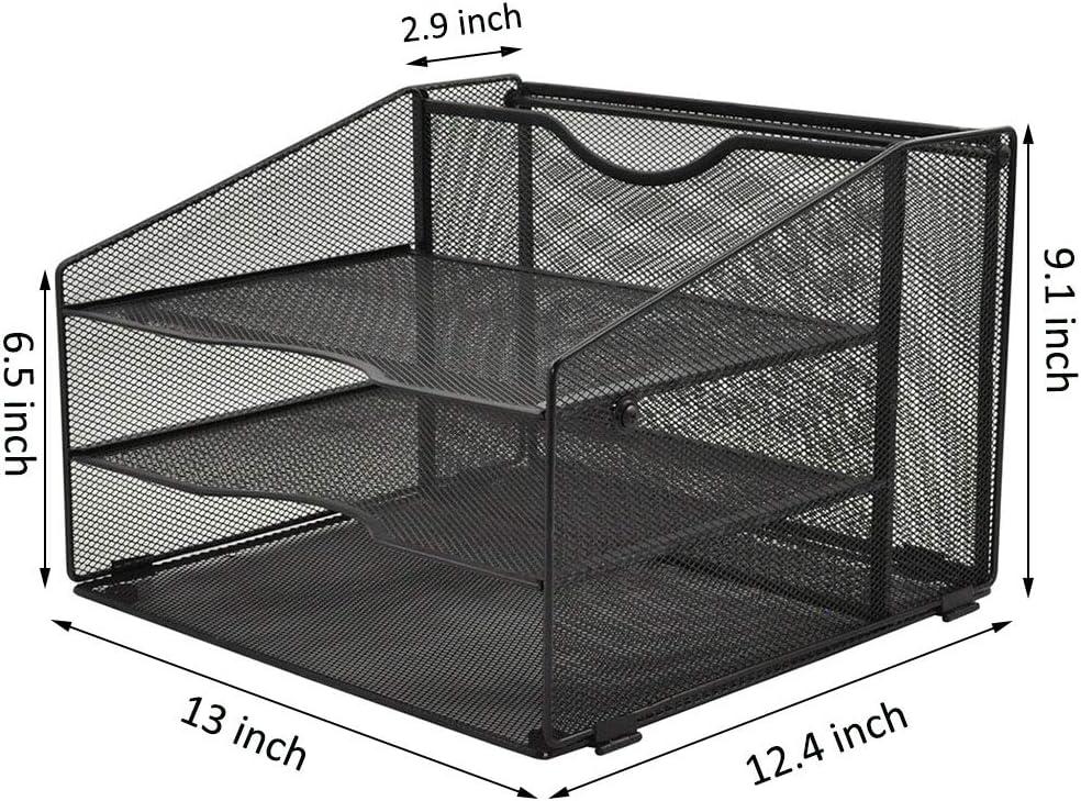 EASEPRES Mesh Desktop File Organizer, Document Mail Desk Folder Holder with 3 Paper Letter Tray and 1 Vertical Upright Compartment for Office Supplies, Desk Accessories & Workspace, Black