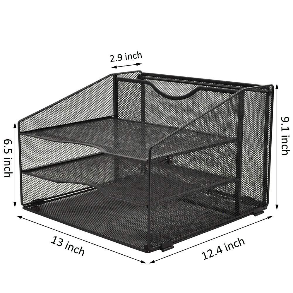 EASEPRES Mesh Desktop File Organizer, Document Mail Desk Folder Holder with 3 Paper Letter Tray and 1 Vertical Upright Compartment for Office Supplies, Desk Accessories & Workspace, Black