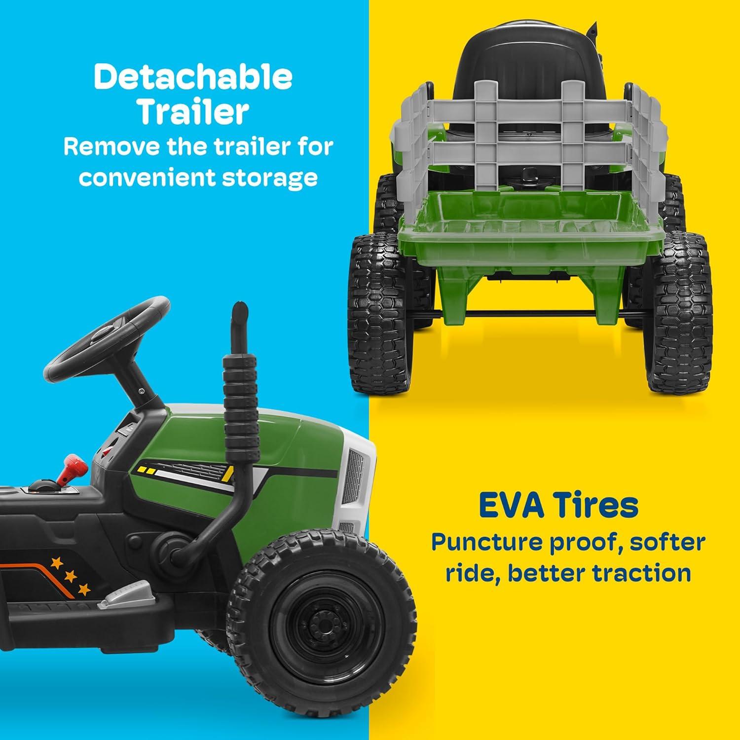 Kidzone 12V7AH Premium Version w/ EVA Treaded Tires Dual 35W Motors for 3+ Years Boys & Girls, Electric Tractor w/ Trailer Toddler Ride On Toy 3-Gear-Shift, 7-LED Lights Bluetooth, Dark Green