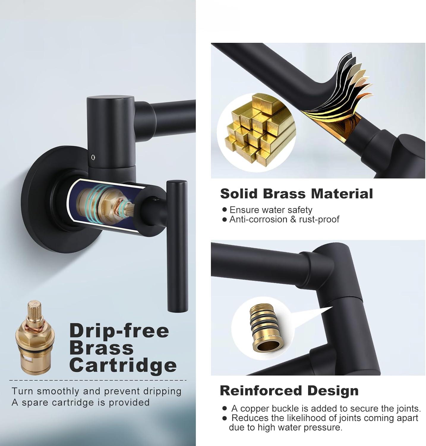 Wowow Contemporary Wall Mount Pot Filler Faucet with Double Joint Swing Arm in Matte Black