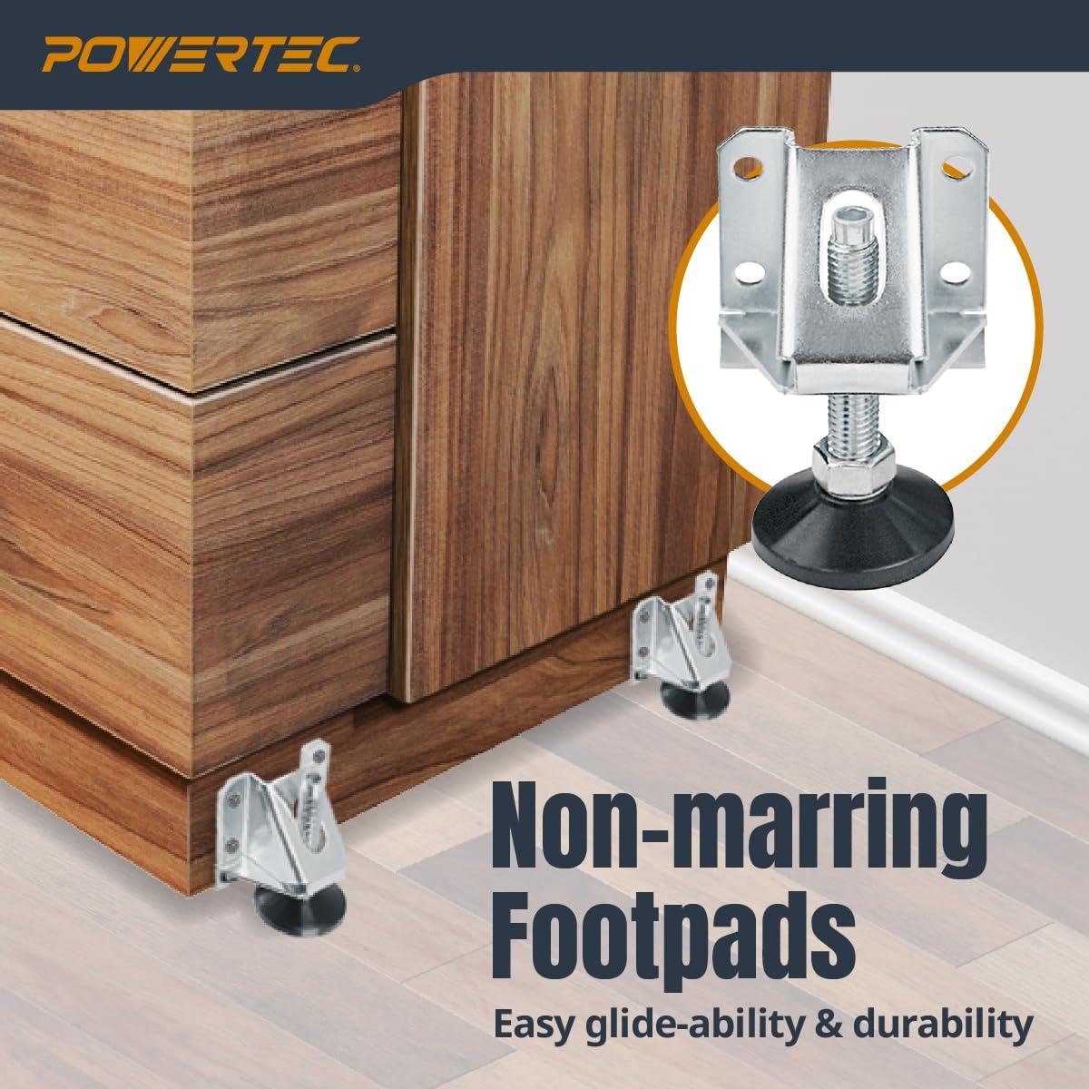 POWERTEC Leveling Feet 4PK, Heavy Duty Adjustable Furniture Leg Levelers with Non-Marring Pads, Screws and Lock Nuts for Work Bench/Cabinets/Tables/Shelves (71136)