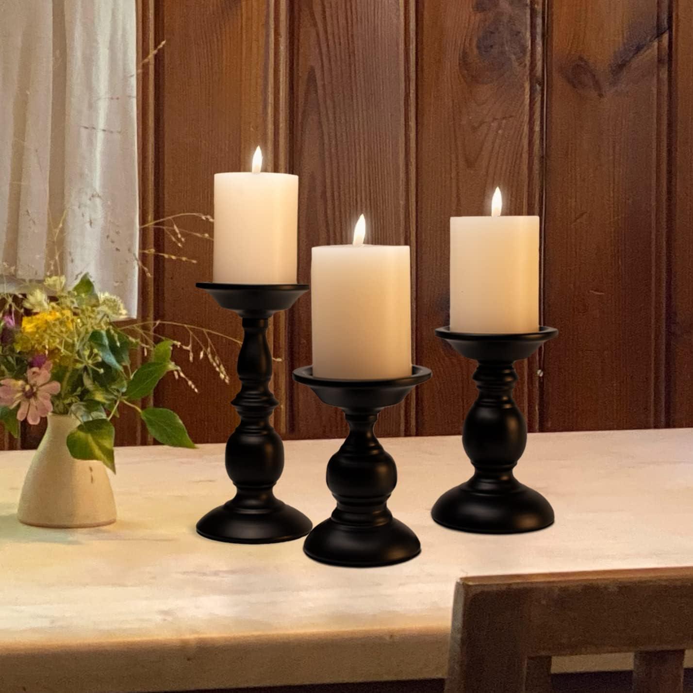 3 Pcs Black Metal Pillar Candle Holder, Iron Candle Stands, 5.3/6.8/9.1 Inches Tall Pillar Candle Holder Set,Scented Candle Stands, Retro Table Centerpiece Decor for Fireplace