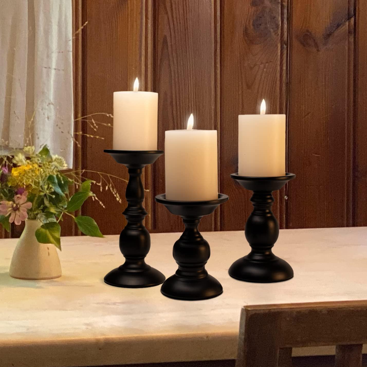 3 Pcs Black Metal Pillar Candle Holder, Iron Candle Stands, 5.3/6.8/9.1 Inches Tall Pillar Candle Holder Set,Scented Candle Stands, Retro Table Centerpiece Decor for Fireplace