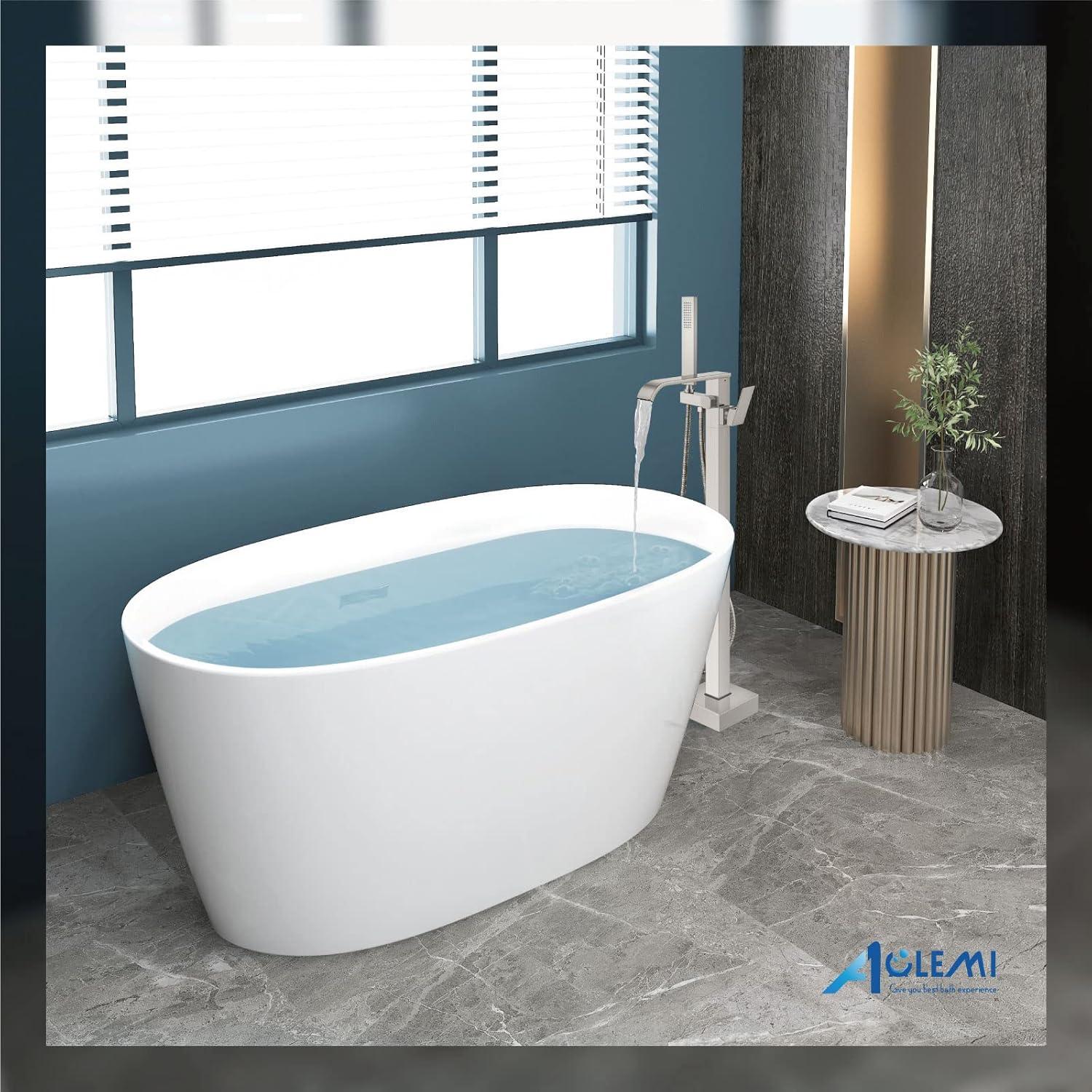 AlenArtWater Waterfall Tub Filler Freestanding Bathtub Faucet Floor Mount Brass Single Handle Bathroom Faucets with Hand Shower 93-LJQKCZ