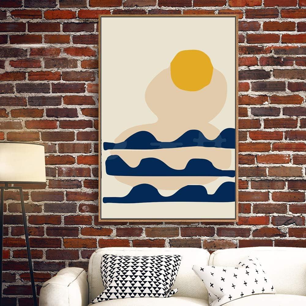 Yellow Sun Over Blue Waves Abstract Framed Canvas Print