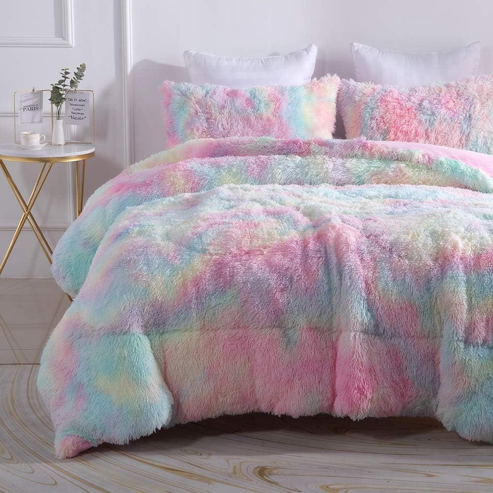 Full Size Rainbow Faux Fur Comforter Set