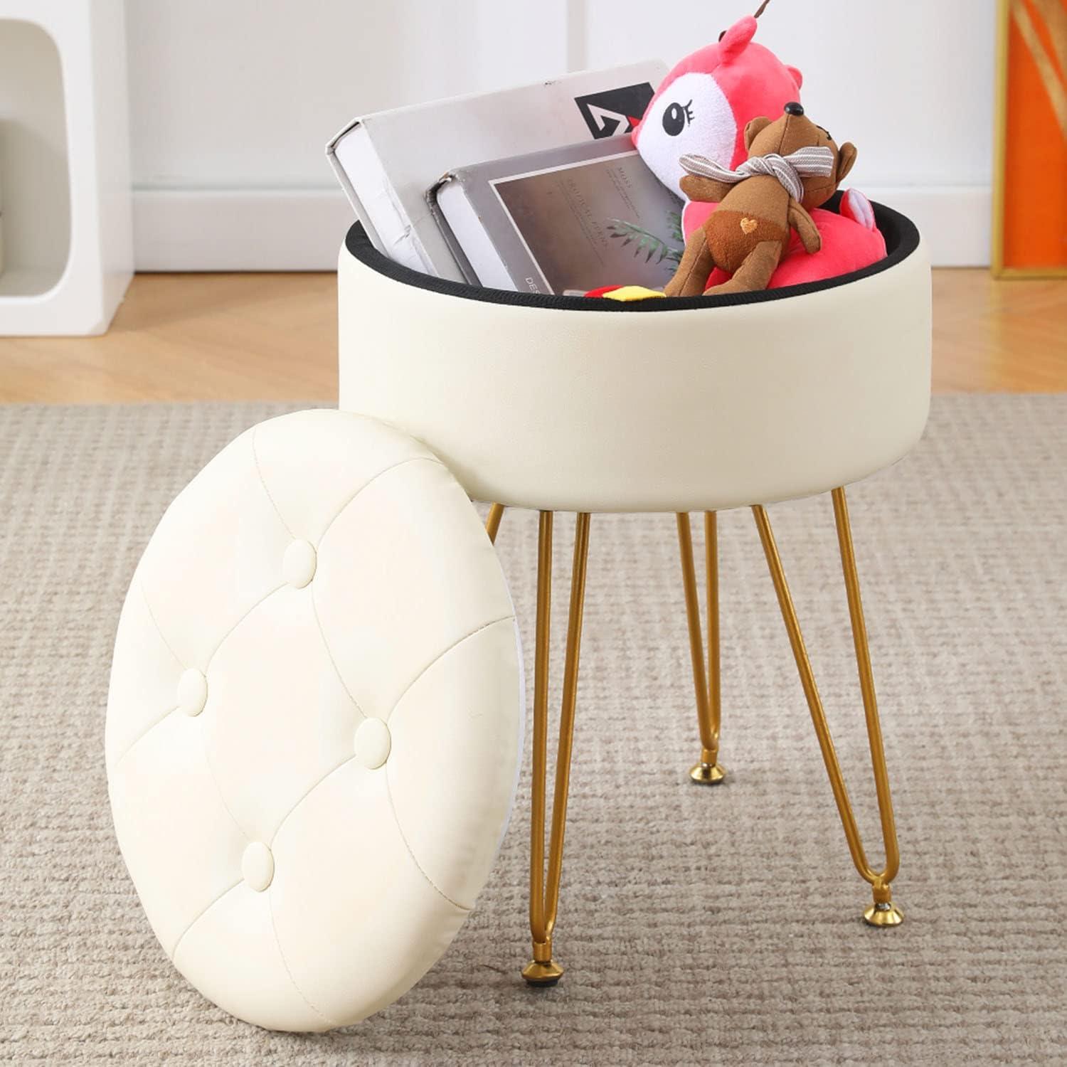 White Faux Leather Round Storage Ottoman with Gold Metal Legs