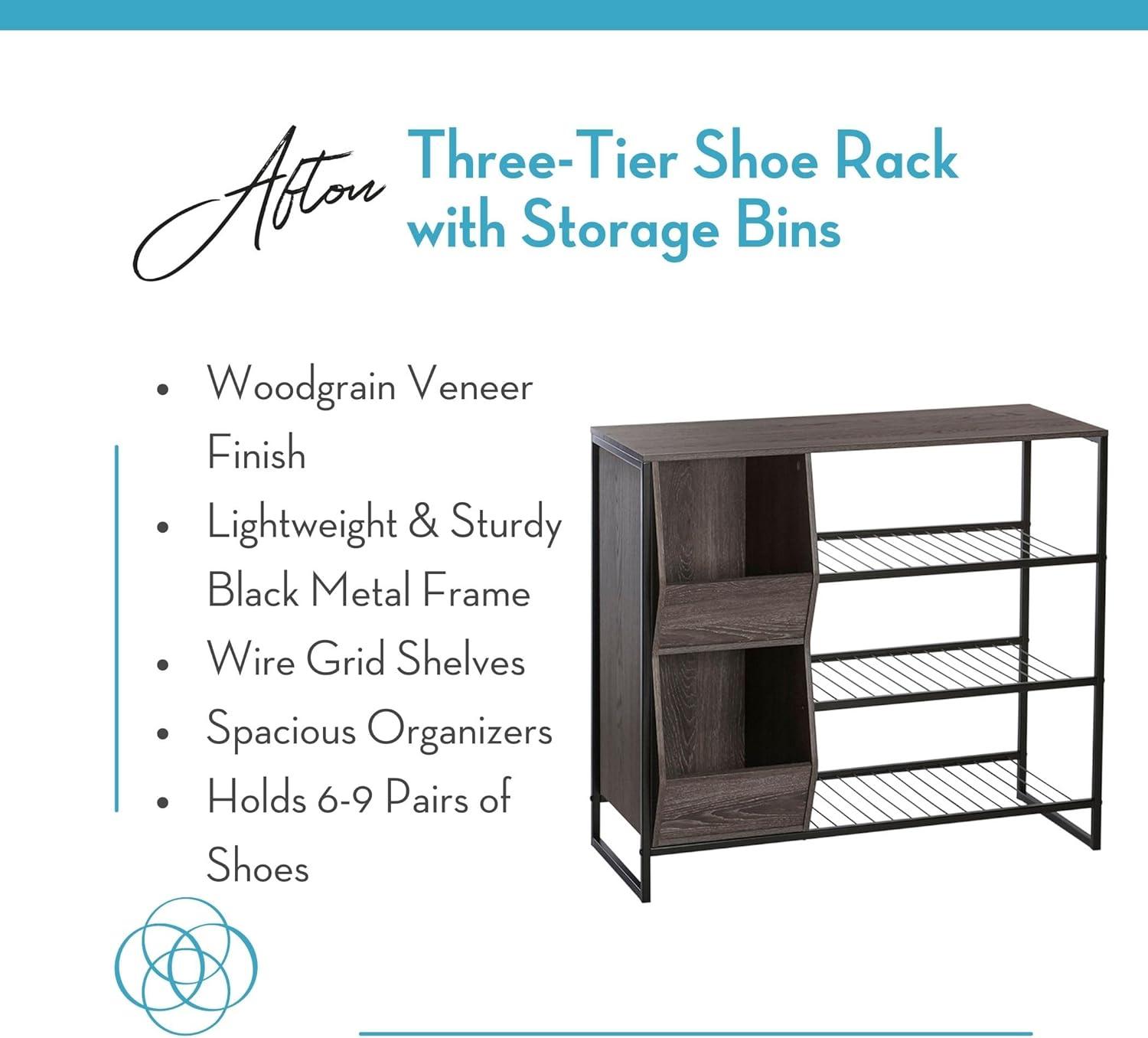 Afton Entryway Shoe Storage Organizer with 3 Shoe Racks and 2 Shoe Organizer Boxes Weathered Woodgrain - RiverRidge Home