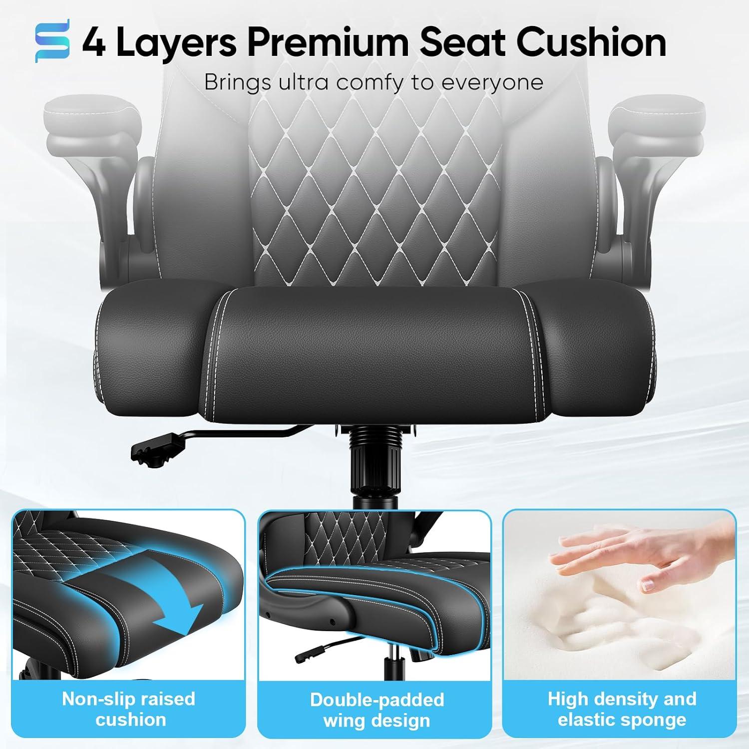 Sytas Executive Leather Office Chair, Comfy Desk Chair with Adjustable Headrest & Flip-up Padded Arms & Lumbar Support, Adjustable Hight and Tilt, Rolling Swivel Chair, Black