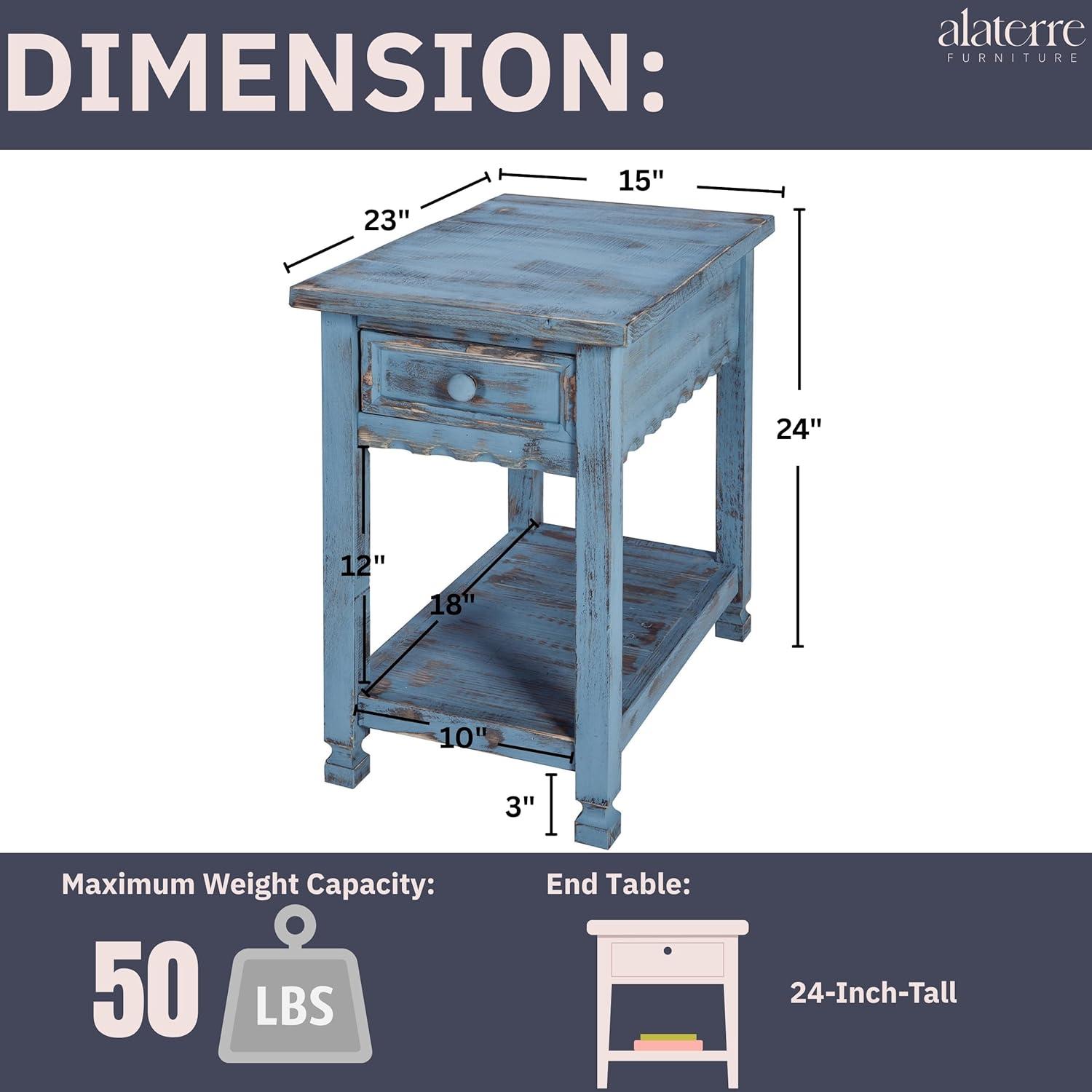 Alaterre Furniture Country Cottage Chairside End Table with 1 Drawer and 1 Shelf, Square Turned Legs, Farmhouse Style for Living Room, Antique Blue Finish